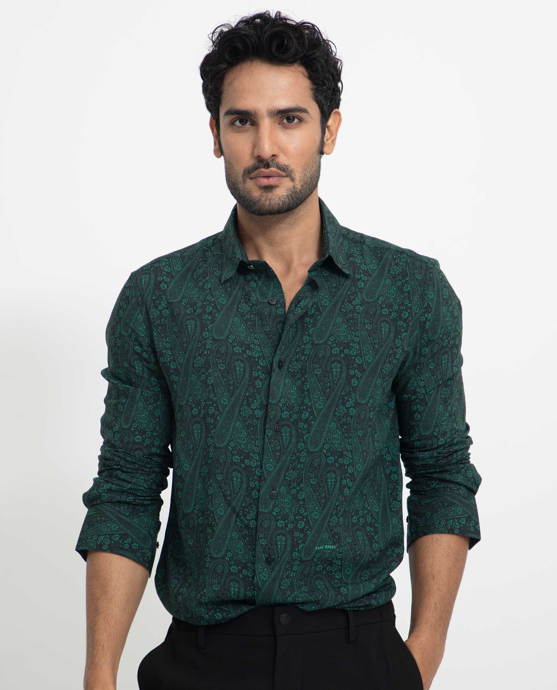 Rare Rabbit Men's Pat Green Viscose Paisley Print Regular Fit Full Sleeve Collared Shirt - Image 3