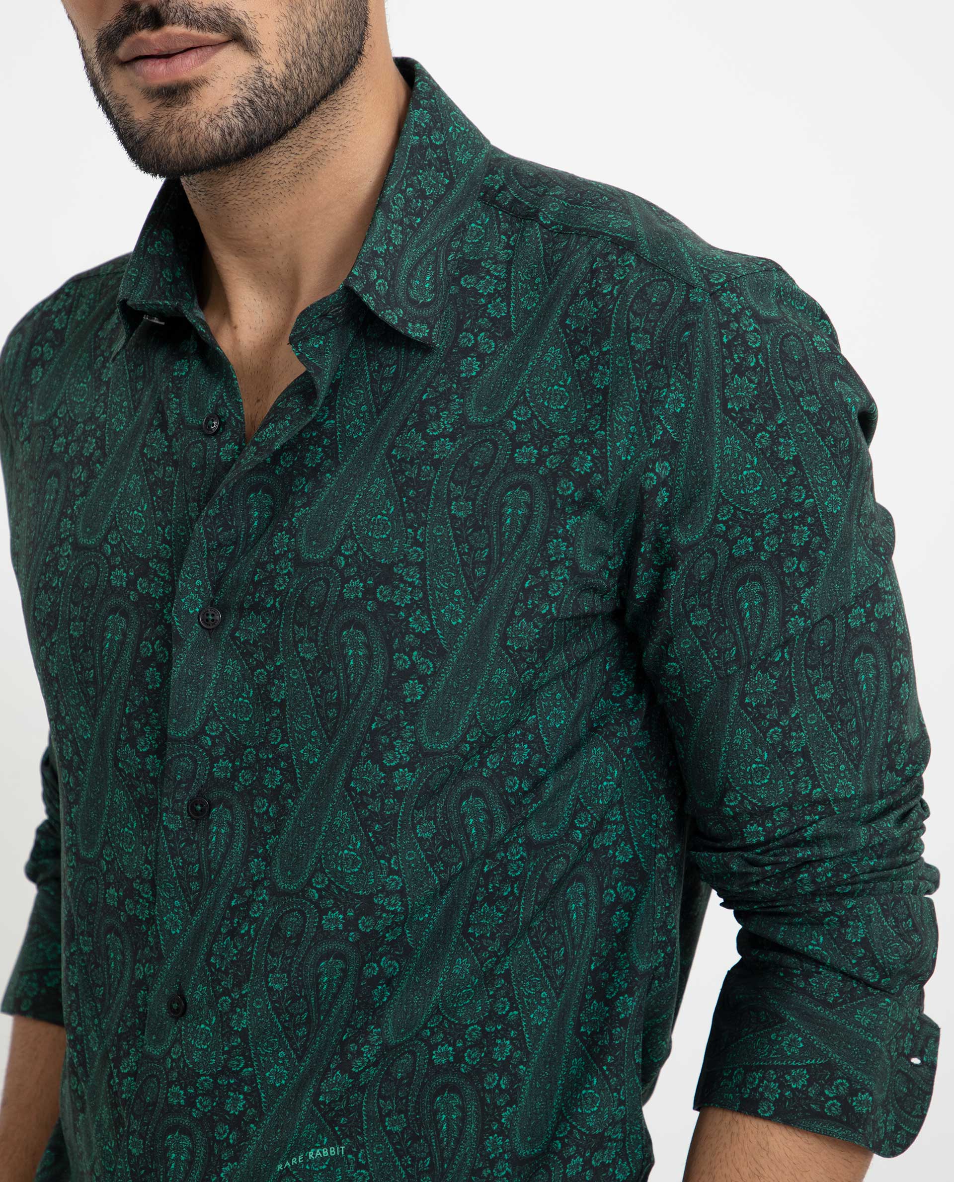 Rare Rabbit Men's Pat Green Viscose Paisley Print Regular Fit Full Sleeve Collared Shirt - Image 4