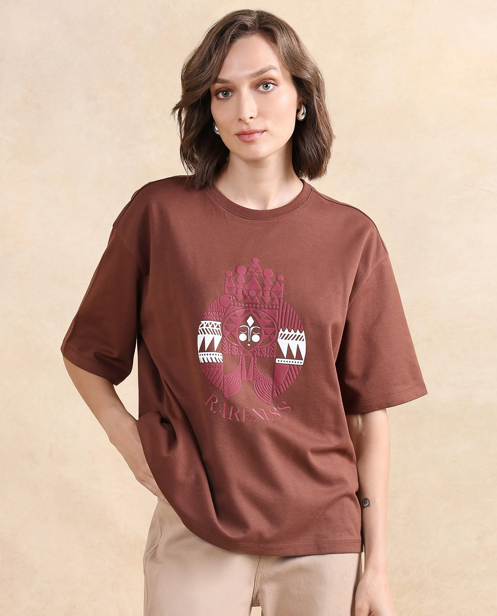 Rareism Women's Patch Brown Cotton Blend Crew Neck Graphic Print Oversized T-Shirt - Image 2