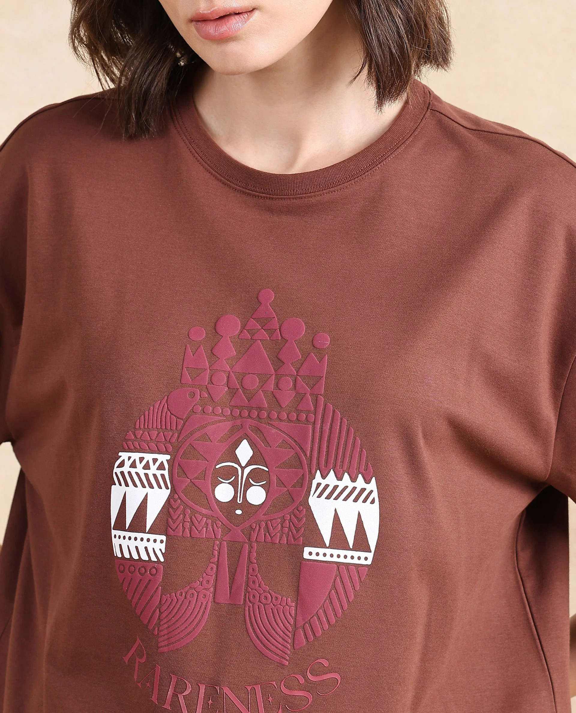 Rareism Women's Patch Brown Cotton Blend Crew Neck Graphic Print Oversized T-Shirt - Image 3