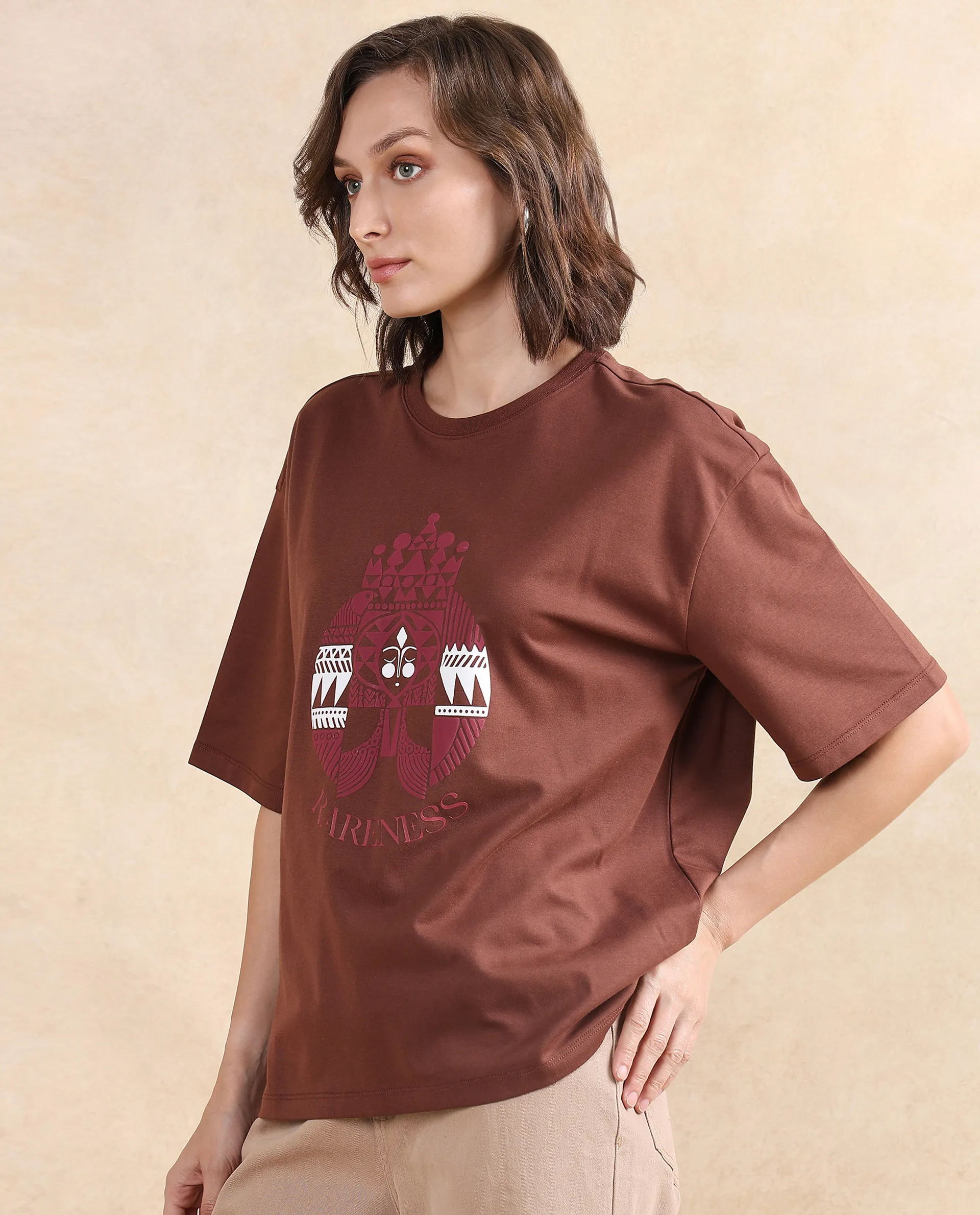 Rareism Women's Patch Brown Cotton Blend Crew Neck Graphic Print Oversized T-Shirt - Image 4