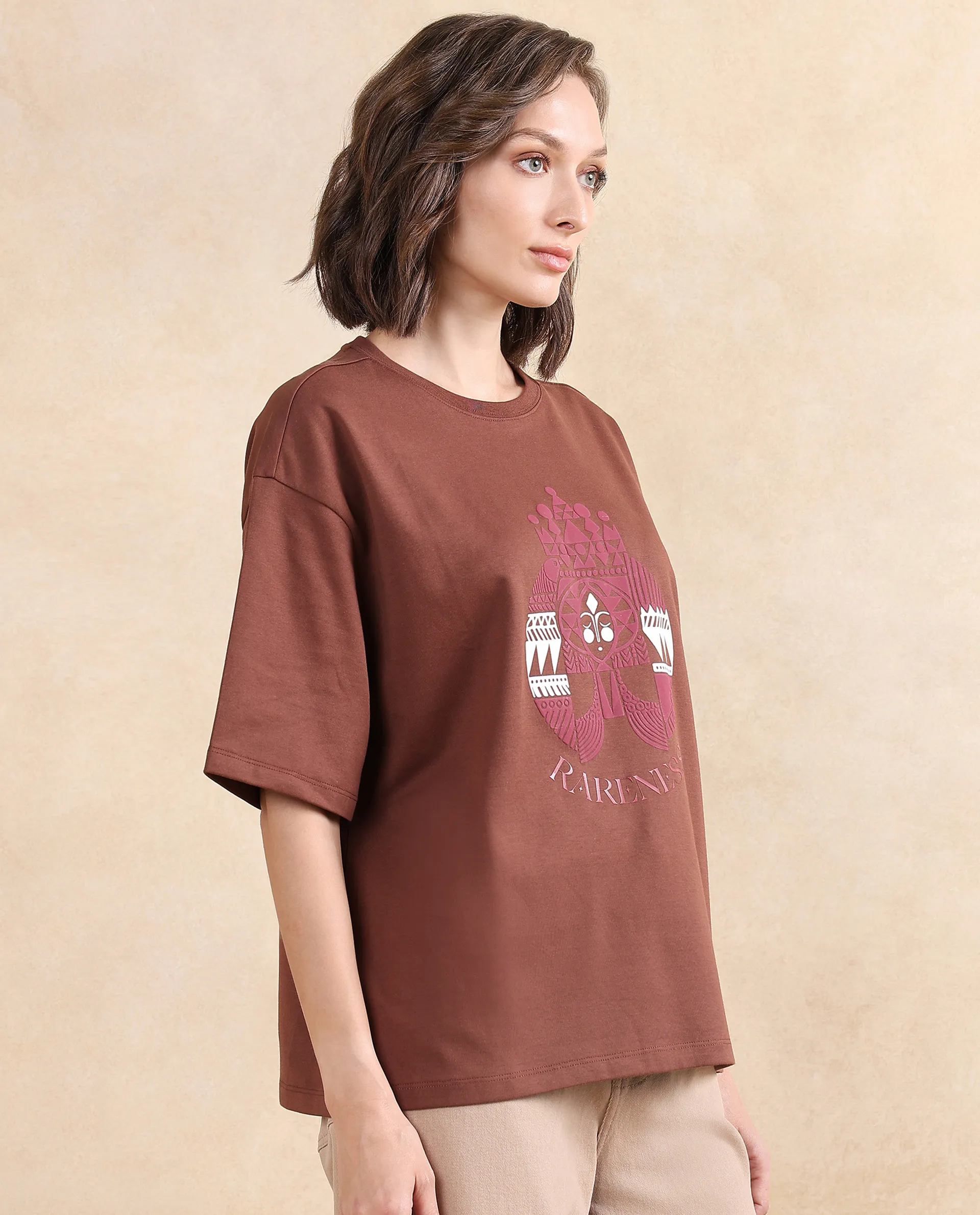 Rareism Women's Patch Brown Cotton Blend Crew Neck Graphic Print Oversized T-Shirt - Image 5