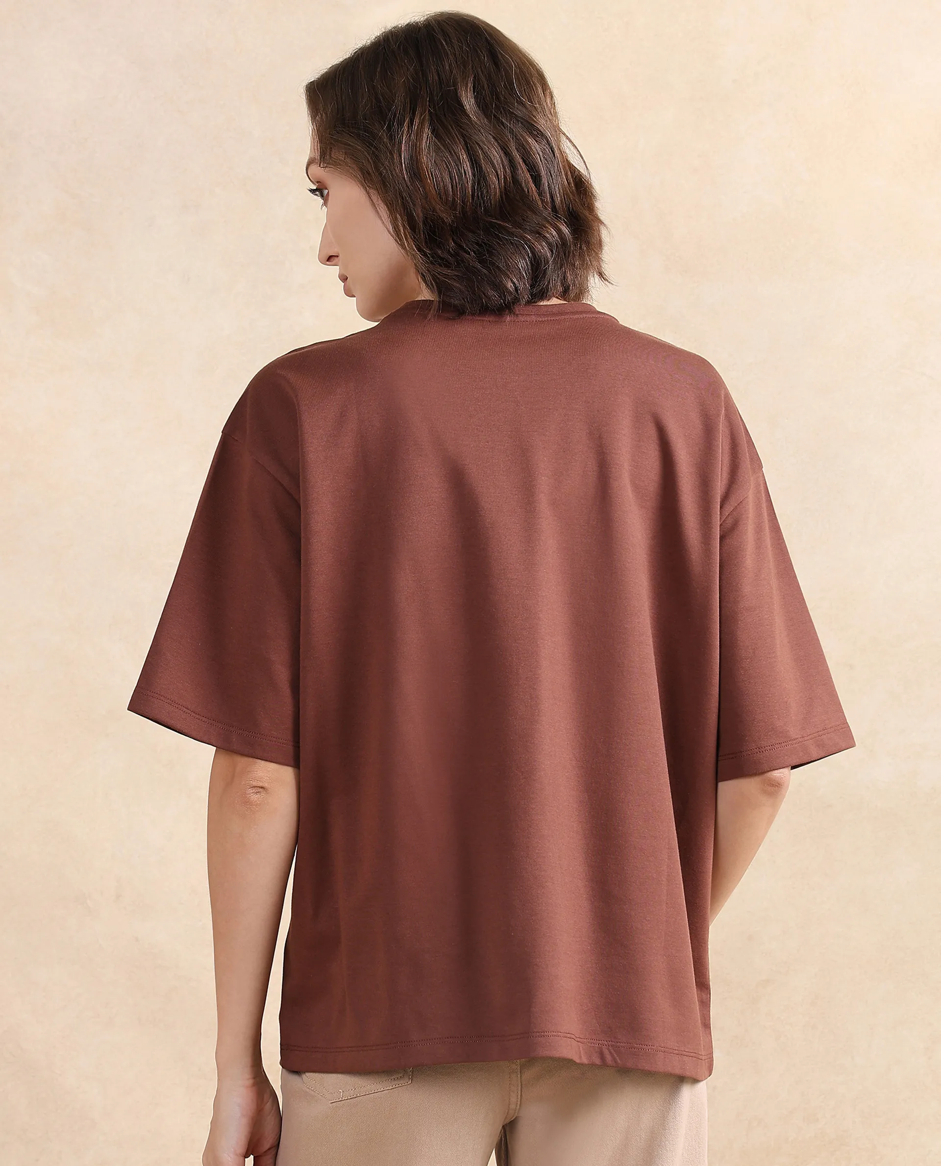 Rareism Women's Patch Brown Cotton Blend Crew Neck Graphic Print Oversized T-Shirt - Image 6