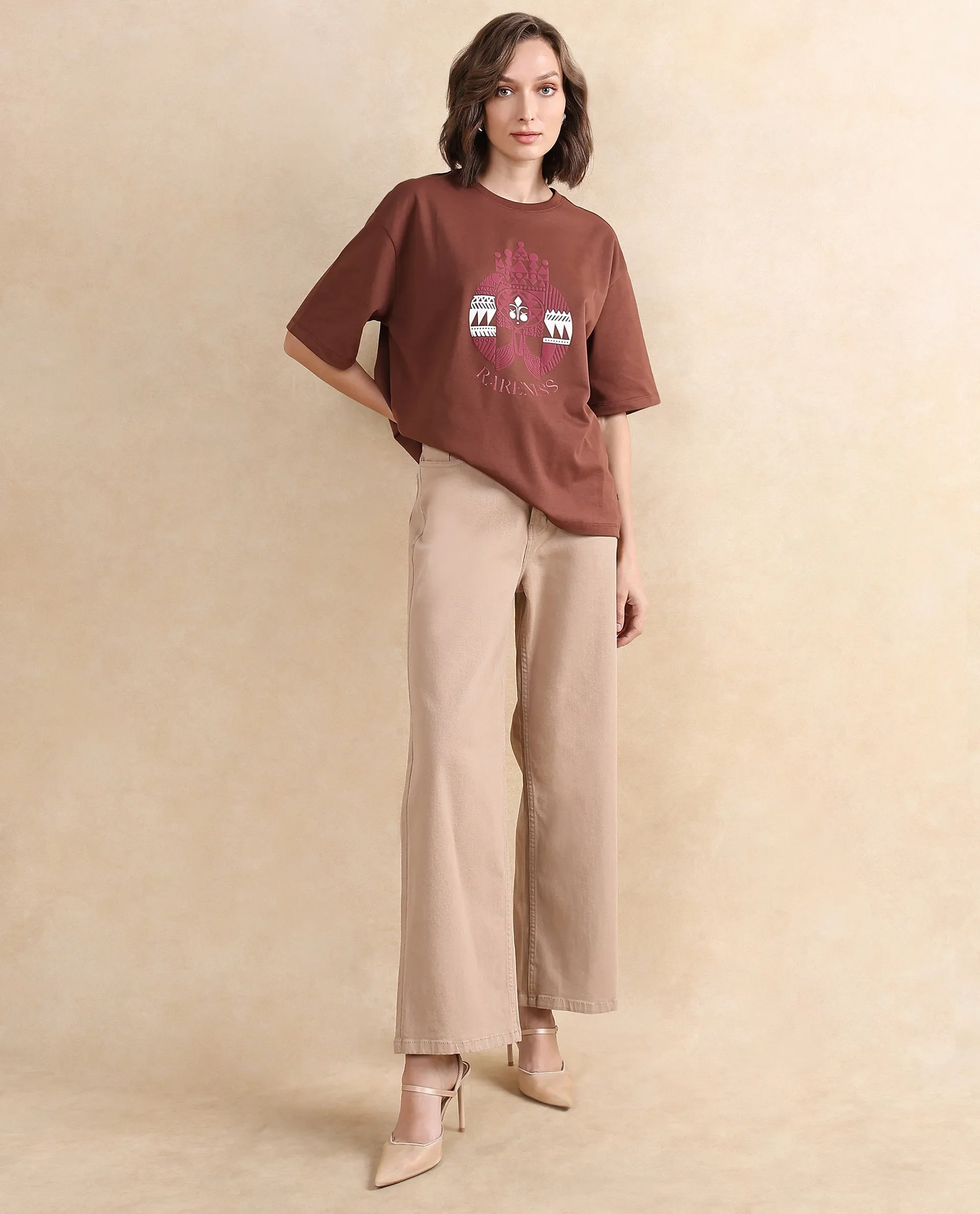 Rareism Women's Patch Brown Cotton Blend Crew Neck Graphic Print Oversized T-Shirt - Image 7