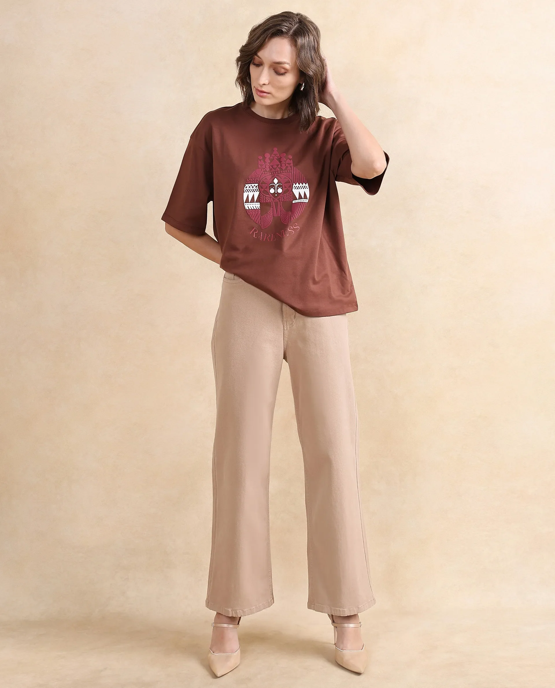 Rareism Women's Patch Brown Cotton Blend Crew Neck Graphic Print Oversized T-Shirt - Image 8