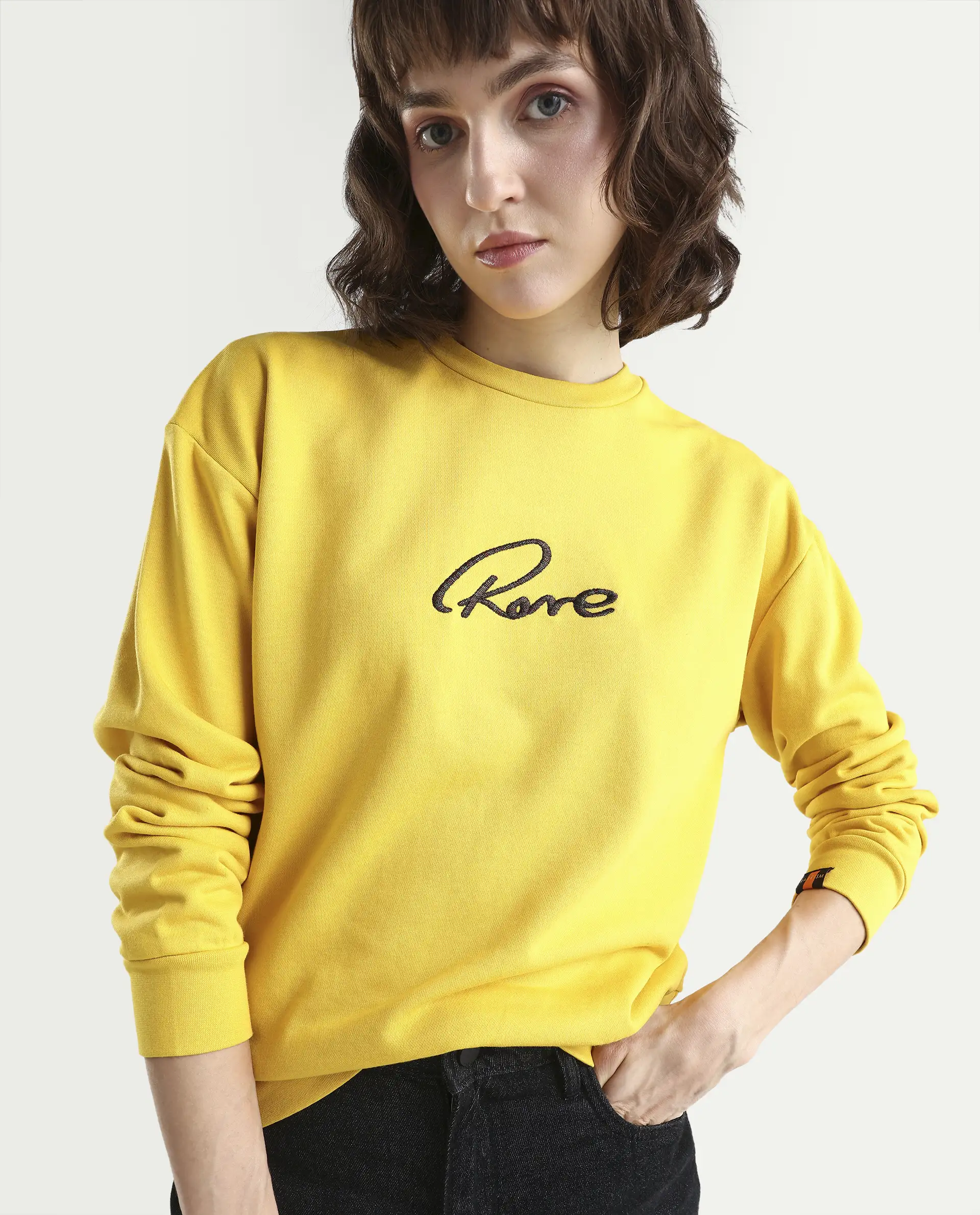 Rareism Women's Patricia Yellow Cotton Crew Neck Embroidered Relaxed Fit Sweatshirt
