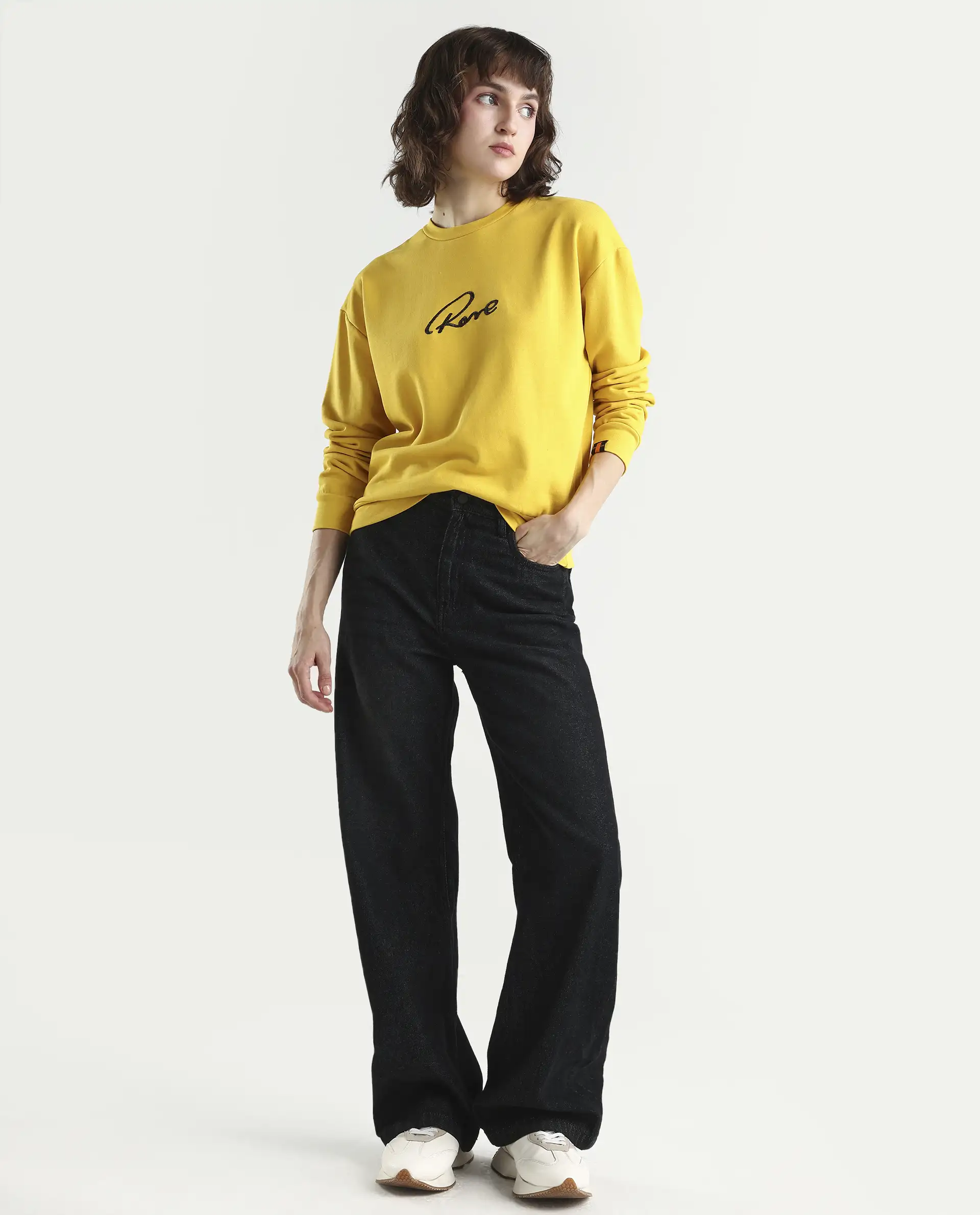 Rareism Women's Patricia Yellow Cotton Crew Neck Embroidered Relaxed Fit Sweatshirt - Image 2
