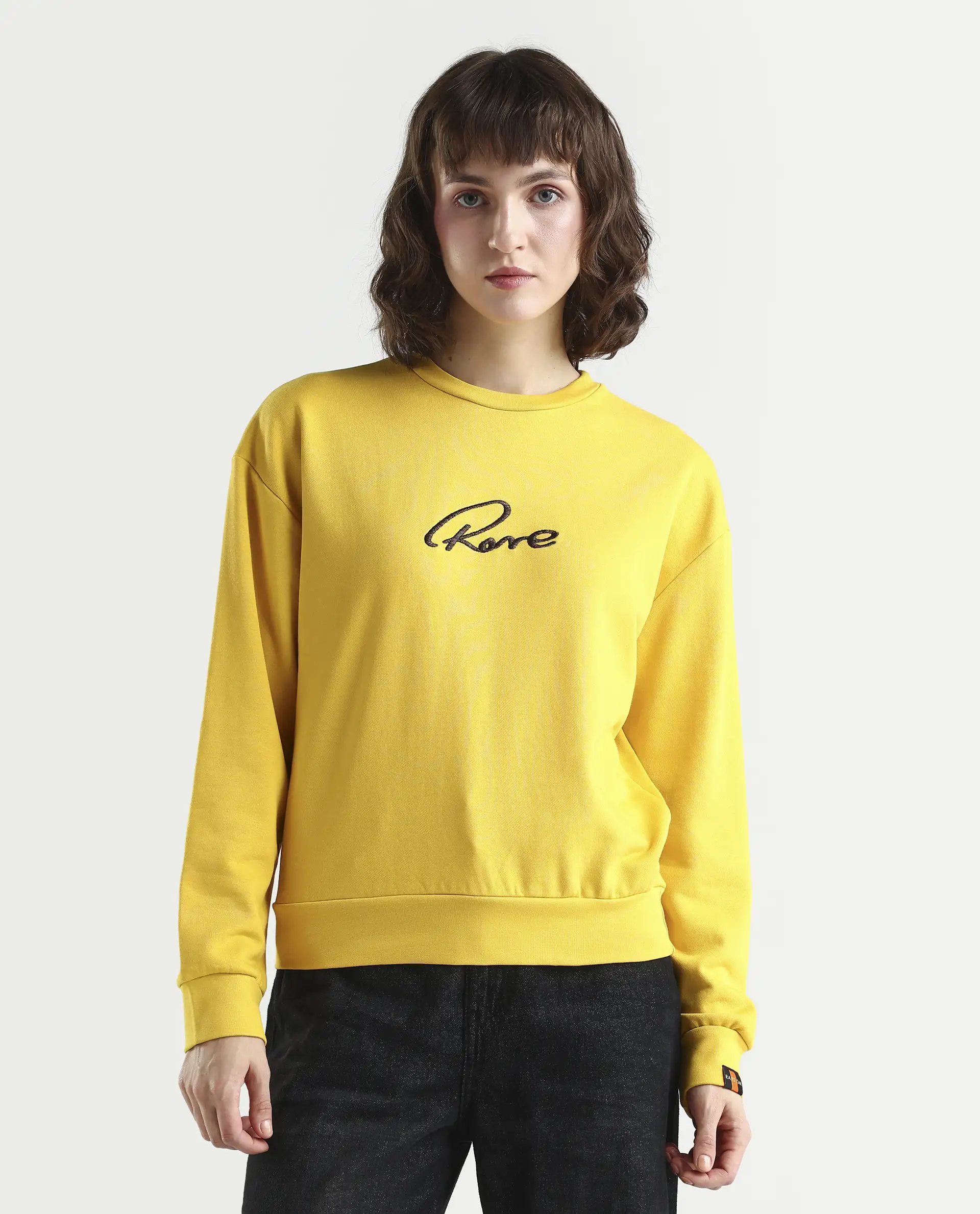 Rareism Women's Patricia Yellow Cotton Crew Neck Embroidered Relaxed Fit Sweatshirt - Image 3
