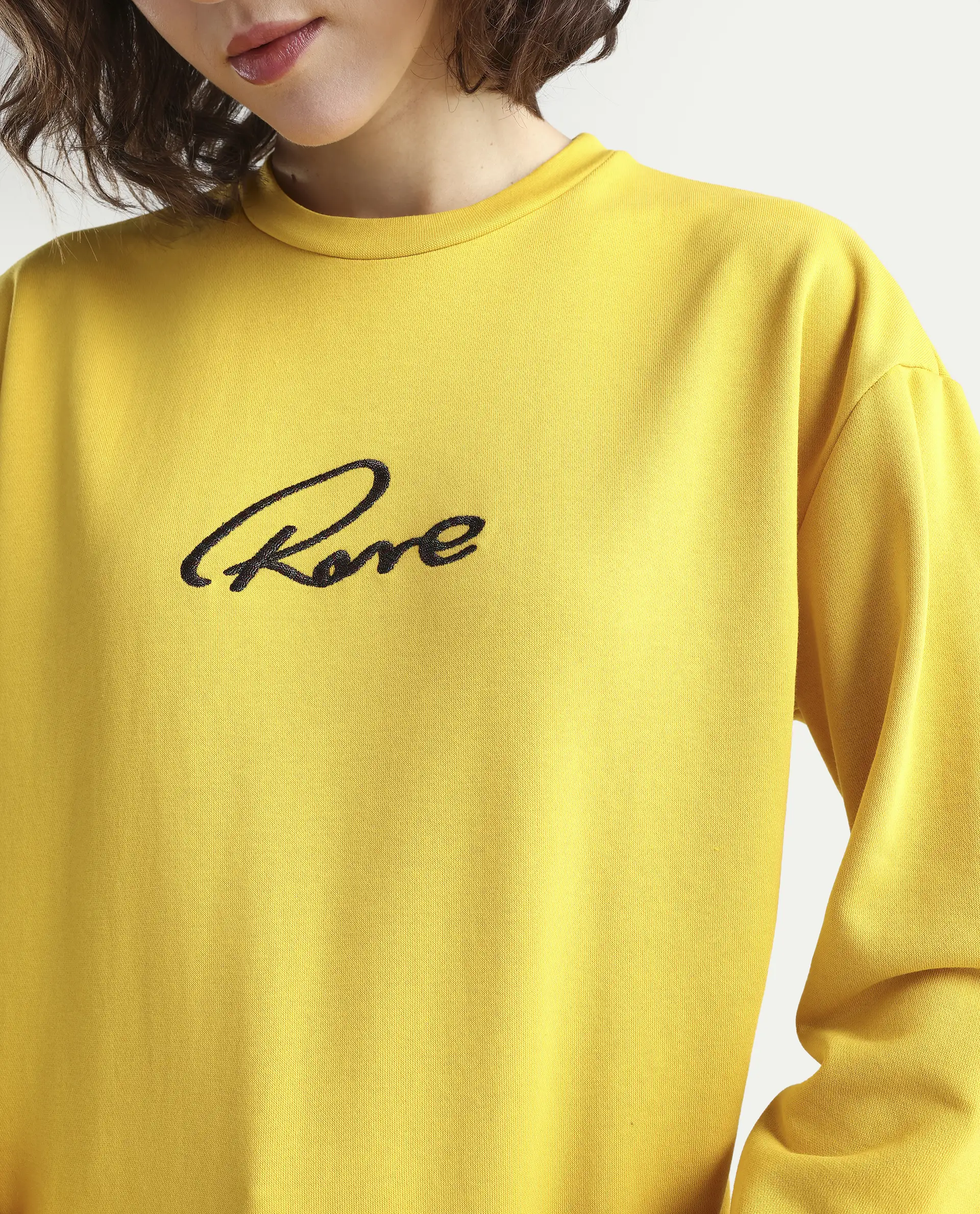 Rareism Women's Patricia Yellow Cotton Crew Neck Embroidered Relaxed Fit Sweatshirt - Image 4