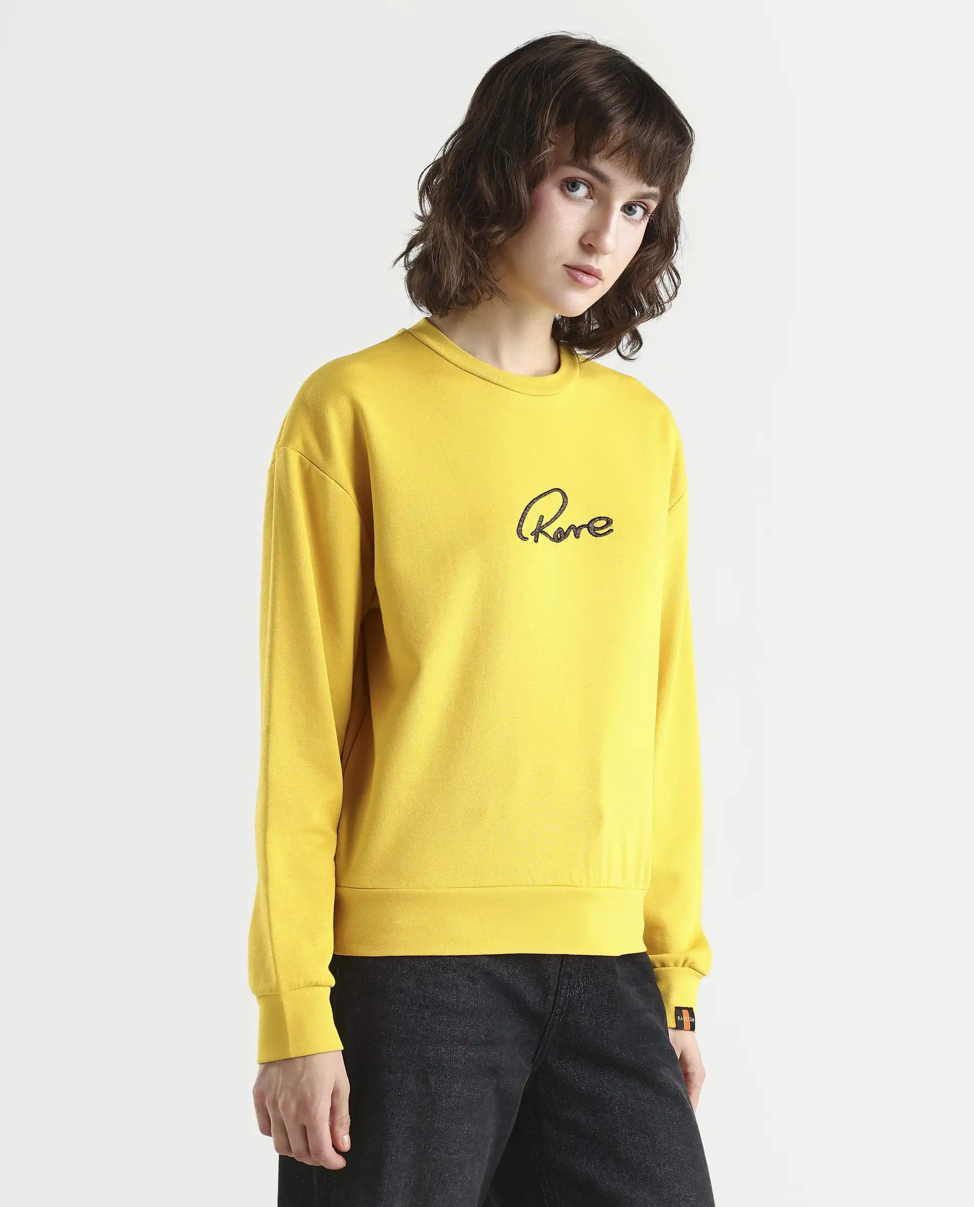 Rareism Women's Patricia Yellow Cotton Crew Neck Embroidered Relaxed Fit Sweatshirt - Image 5