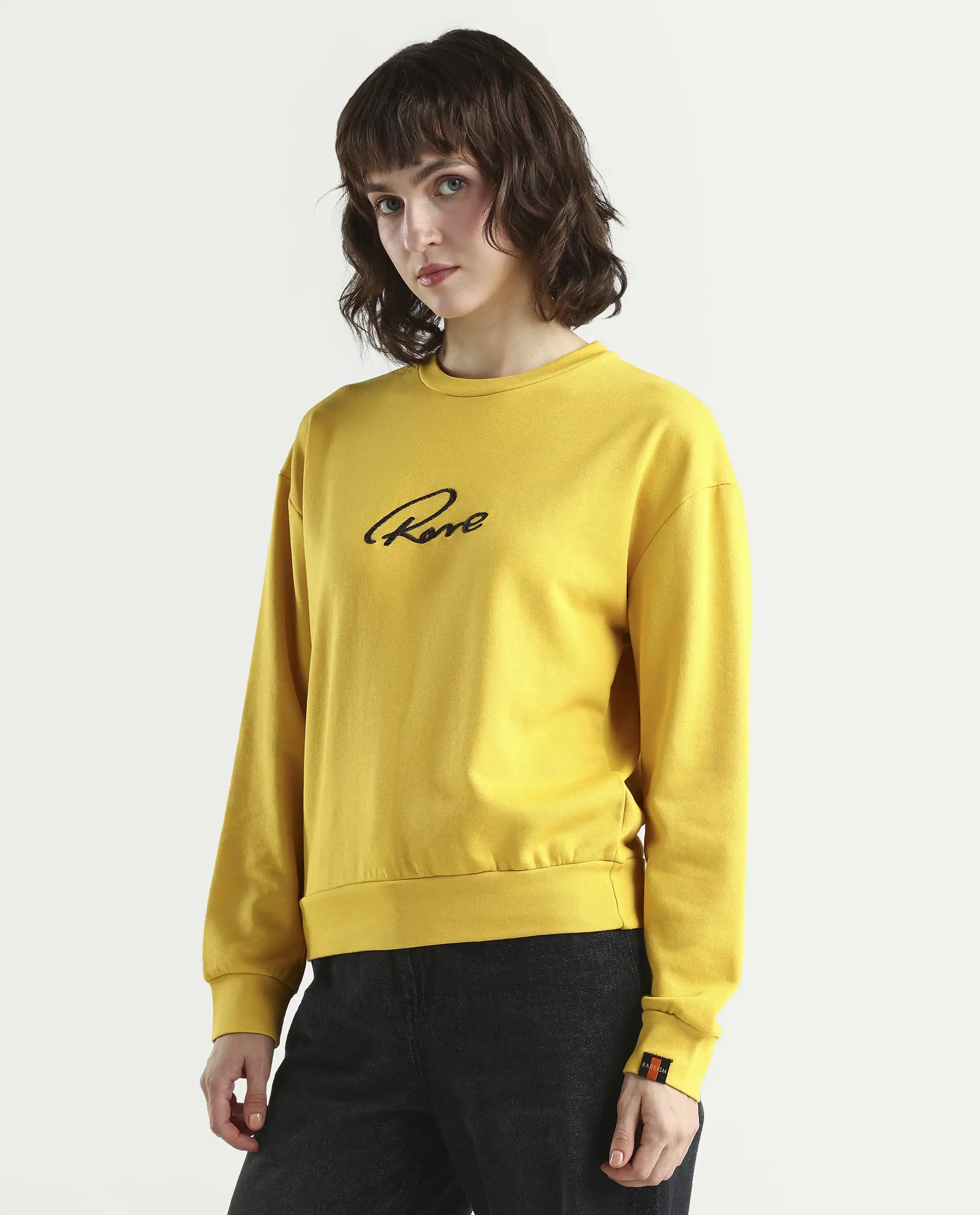 Rareism Women's Patricia Yellow Cotton Crew Neck Embroidered Relaxed Fit Sweatshirt - Image 6