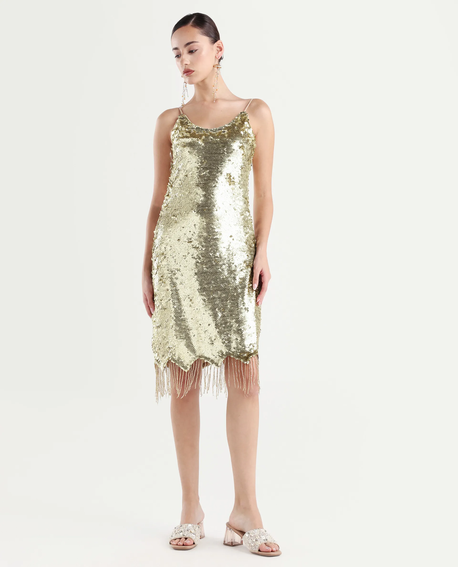 Rareism Women's Pau Sheen Gold Polyester Shoulder Strap Sequined Shoulder Strap Knee Length Regular Fit Dress - Image 2