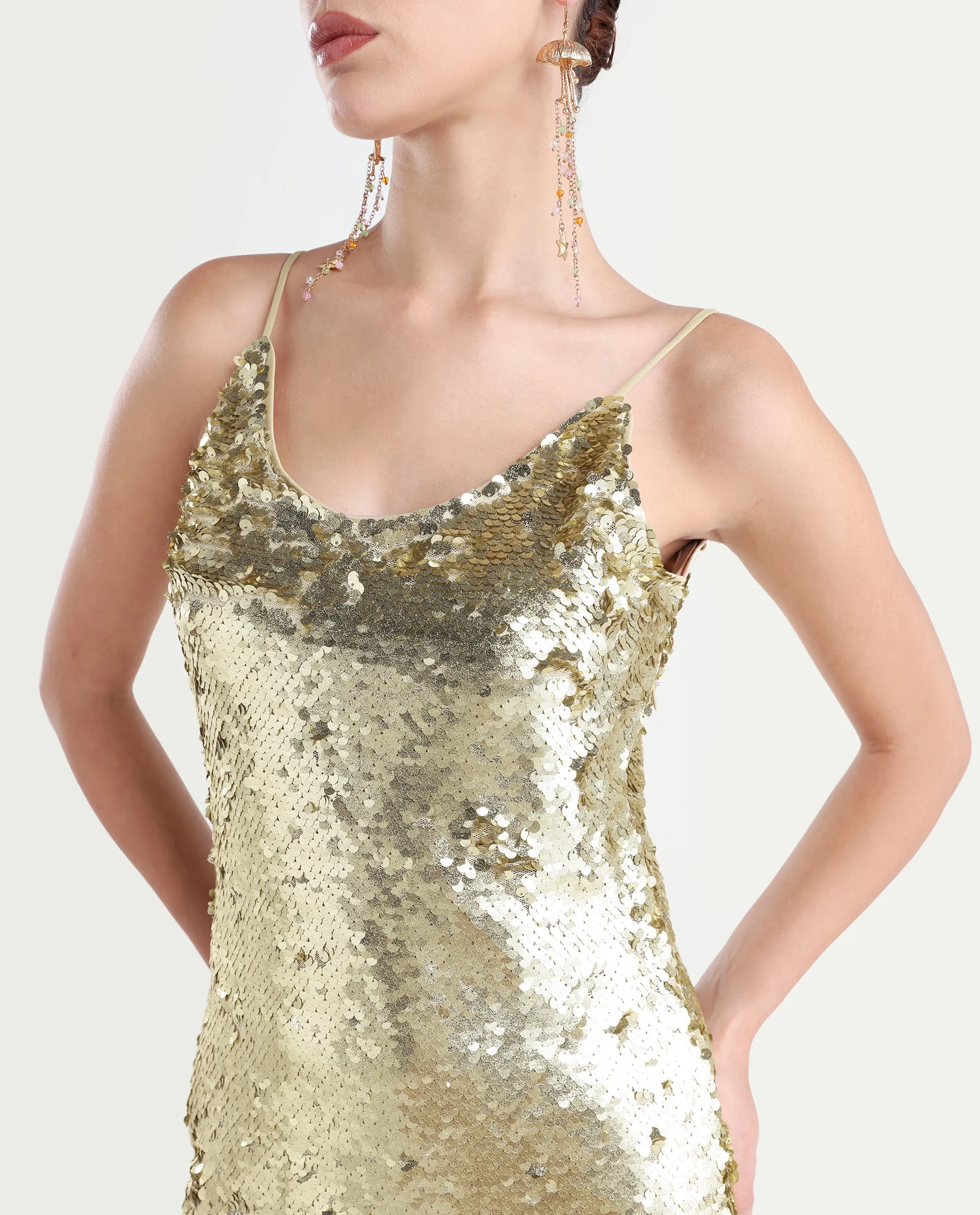 Rareism Women's Pau Sheen Gold Polyester Shoulder Strap Sequined Shoulder Strap Knee Length Regular Fit Dress - Image 3