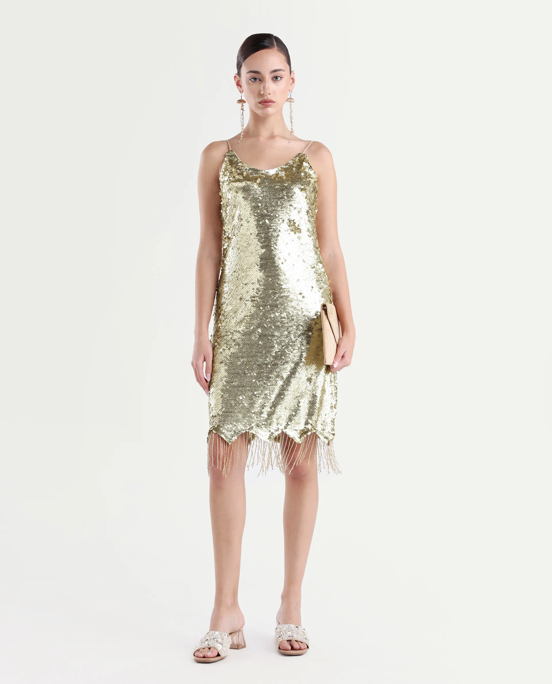 Rareism Women's Pau Sheen Gold Polyester Shoulder Strap Sequined Shoulder Strap Knee Length Regular Fit Dress - Image 4