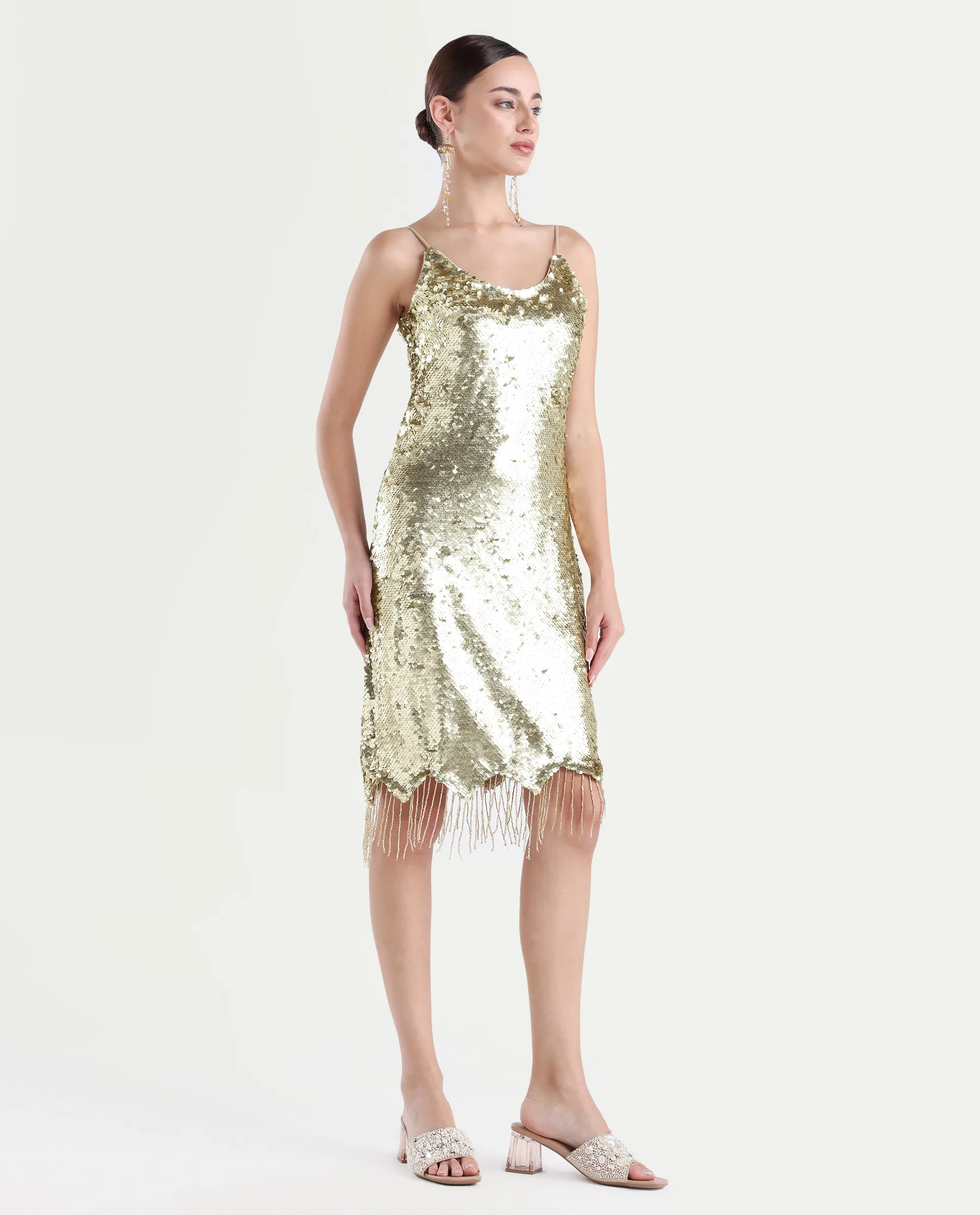 Rareism Women's Pau Sheen Gold Polyester Shoulder Strap Sequined Shoulder Strap Knee Length Regular Fit Dress - Image 6