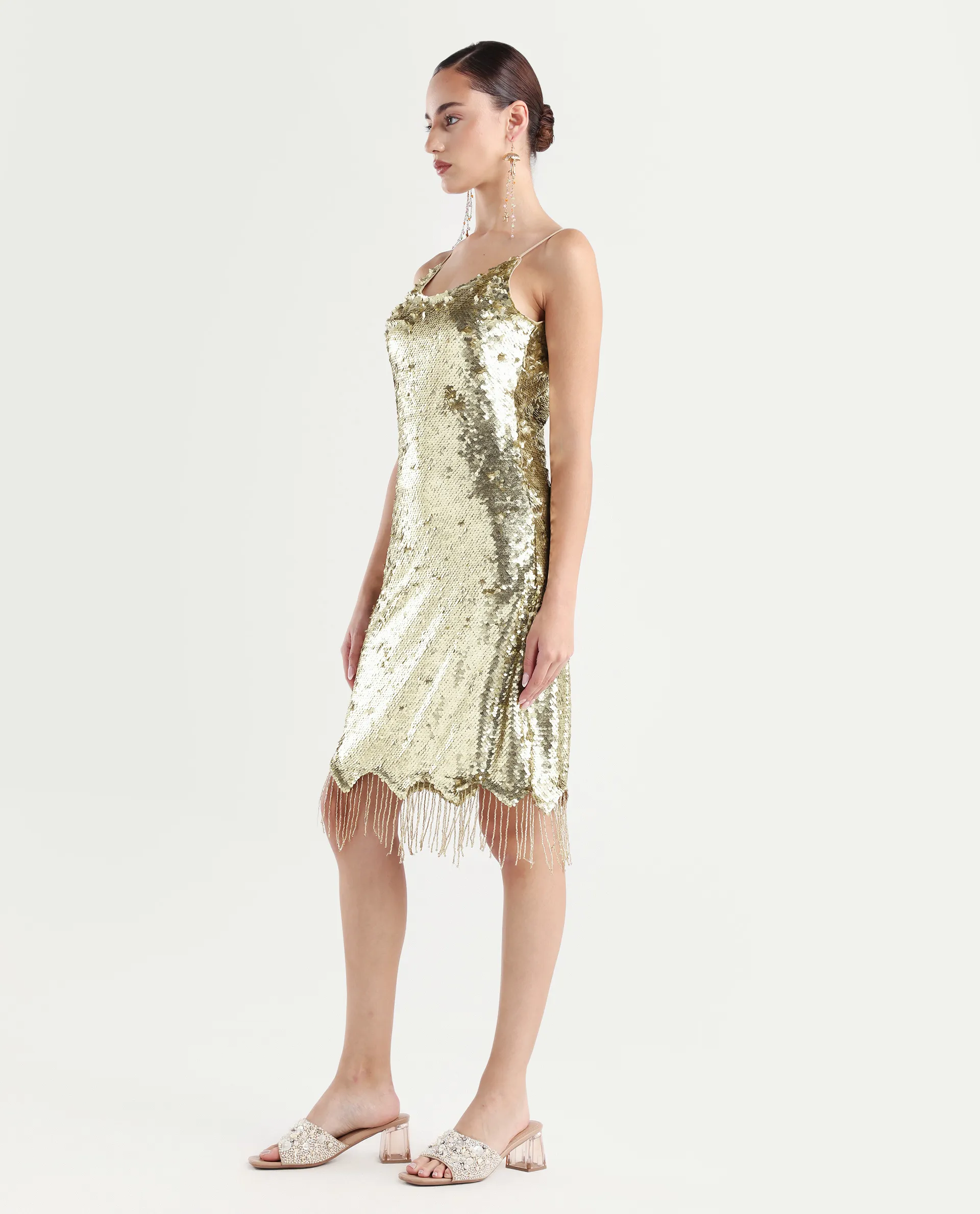 Rareism Women's Pau Sheen Gold Polyester Shoulder Strap Sequined Shoulder Strap Knee Length Regular Fit Dress - Image 7