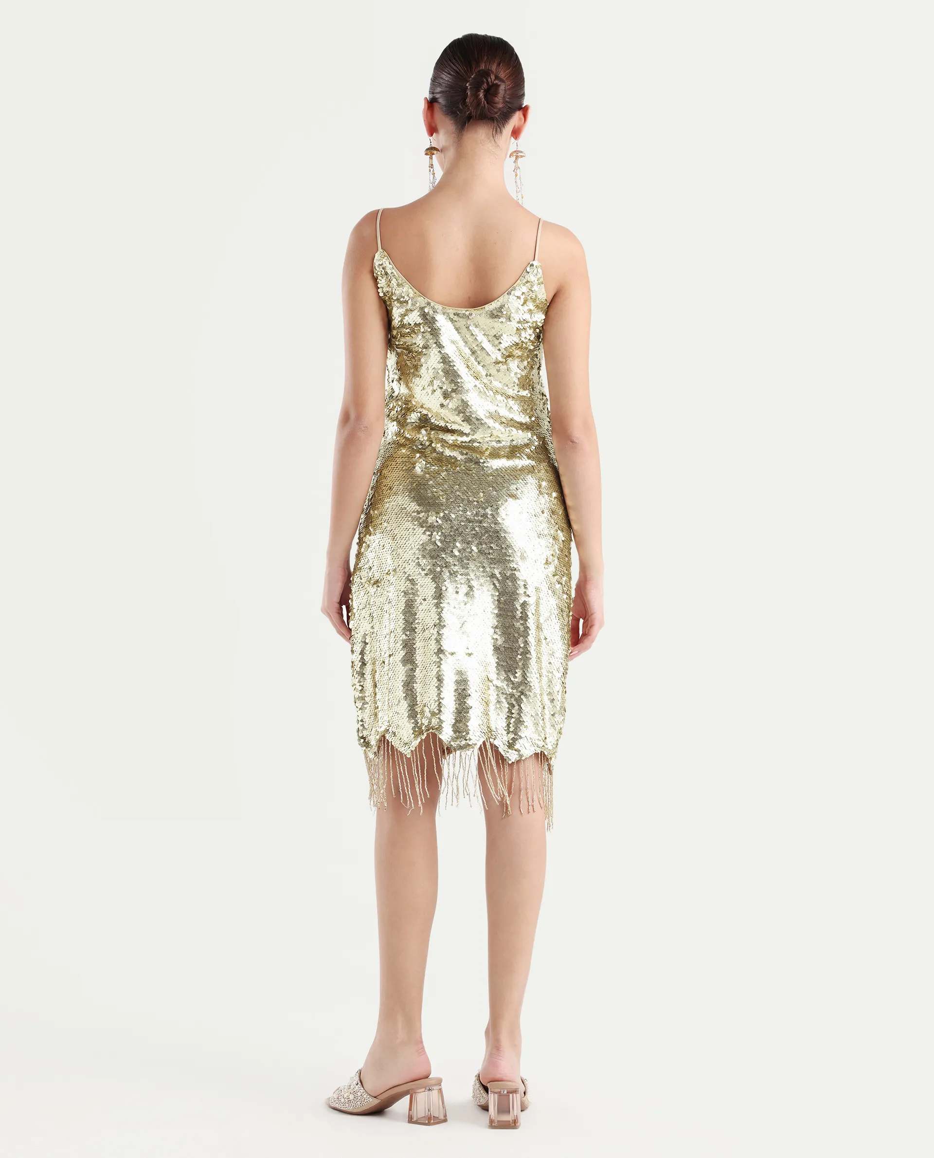 Rareism Women's Pau Sheen Gold Polyester Shoulder Strap Sequined Shoulder Strap Knee Length Regular Fit Dress - Image 8