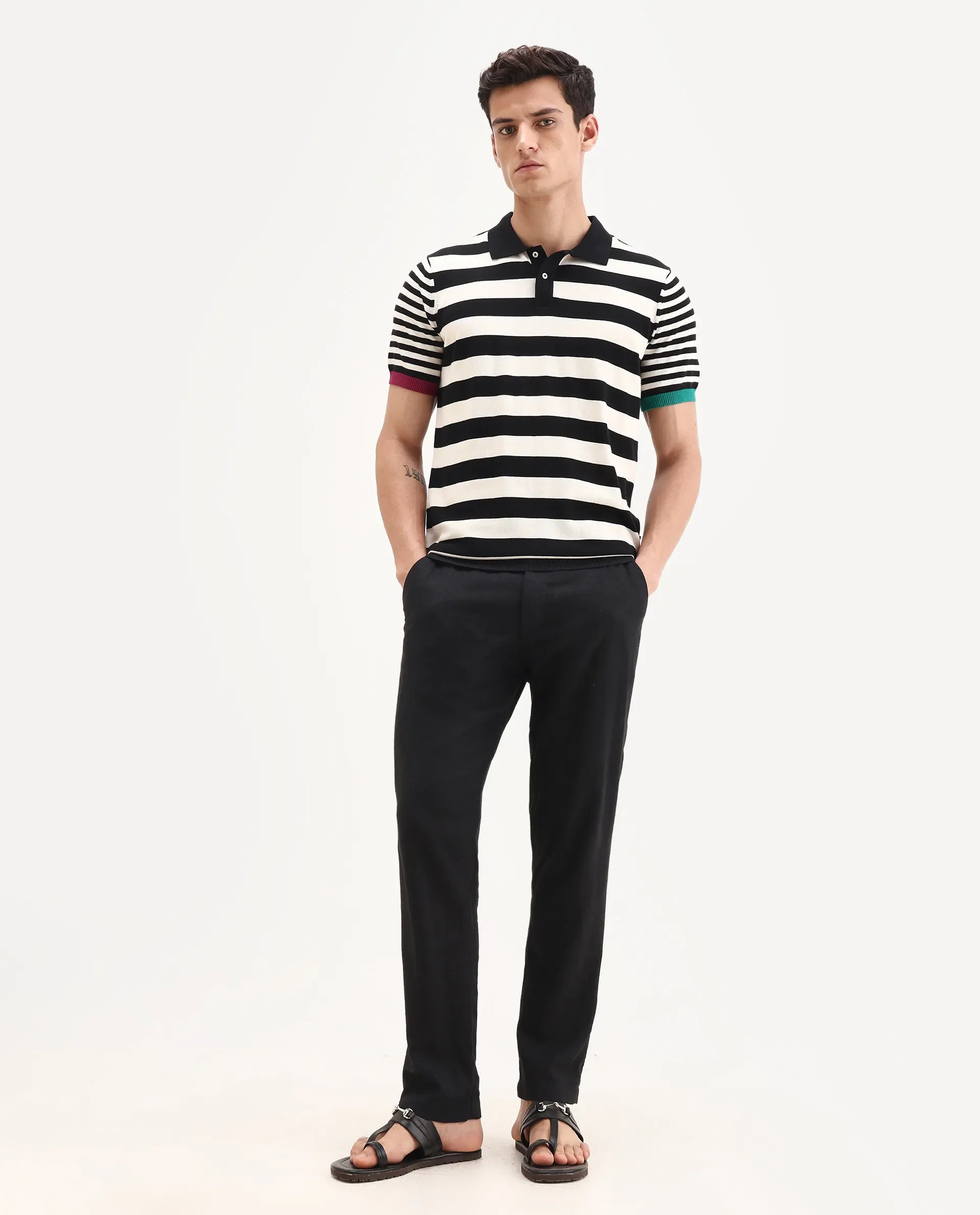 Rare Rabbit Men's Paulo Black Cotton Striped Print Regular Fit Half Sleeve Polo - Image 2