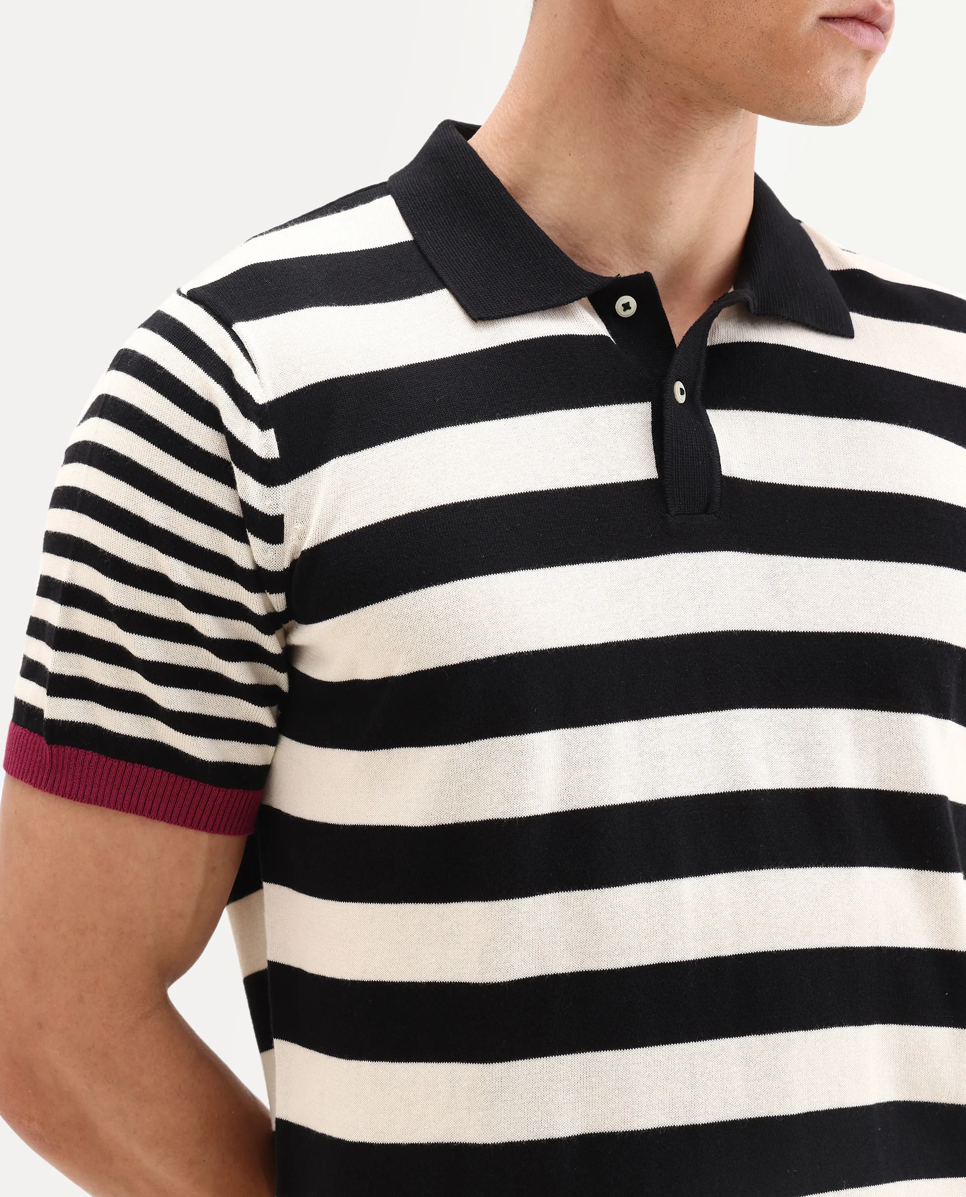 Rare Rabbit Men's Paulo Black Cotton Striped Print Regular Fit Half Sleeve Polo - Image 3