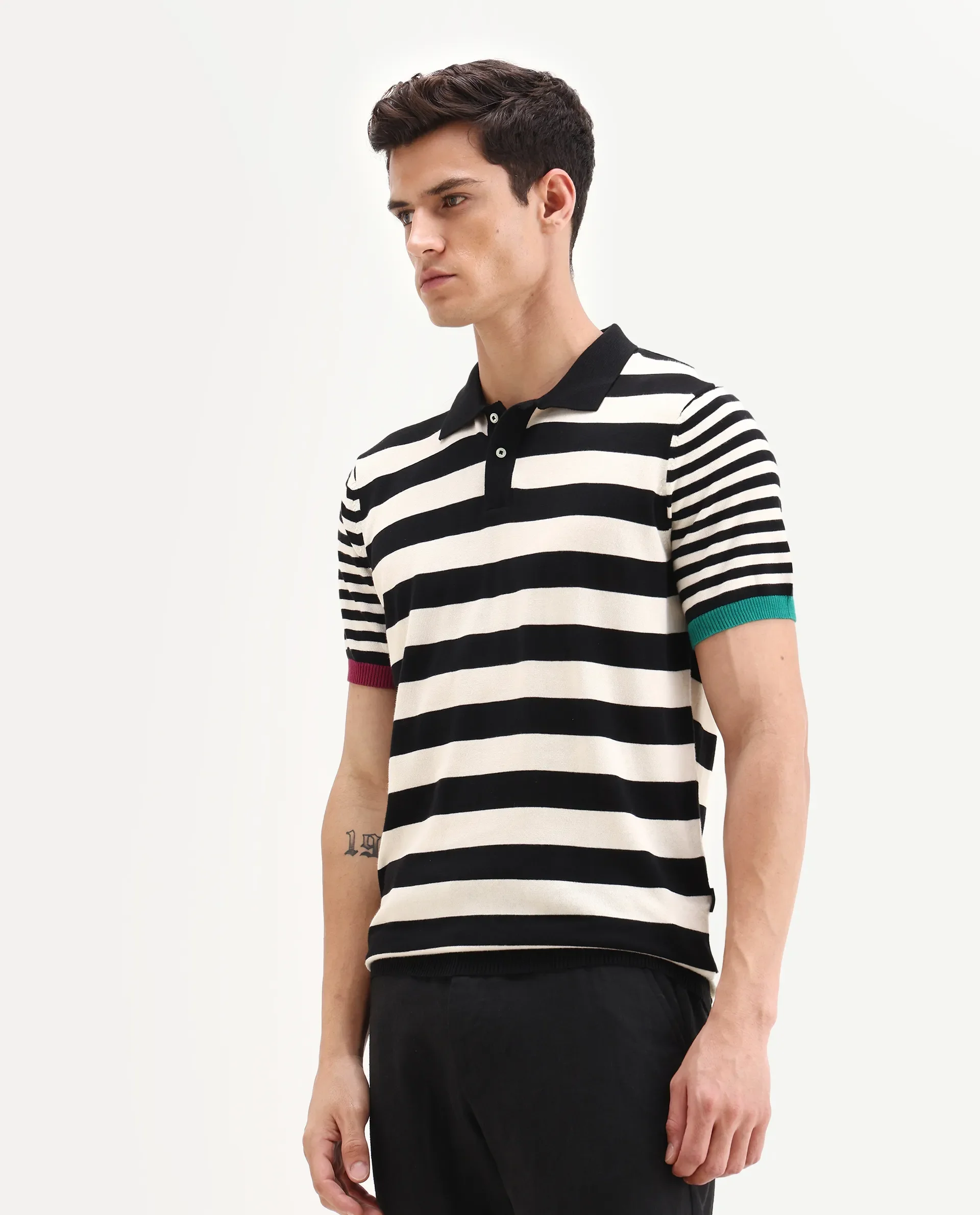 Rare Rabbit Men's Paulo Black Cotton Striped Print Regular Fit Half Sleeve Polo - Image 4