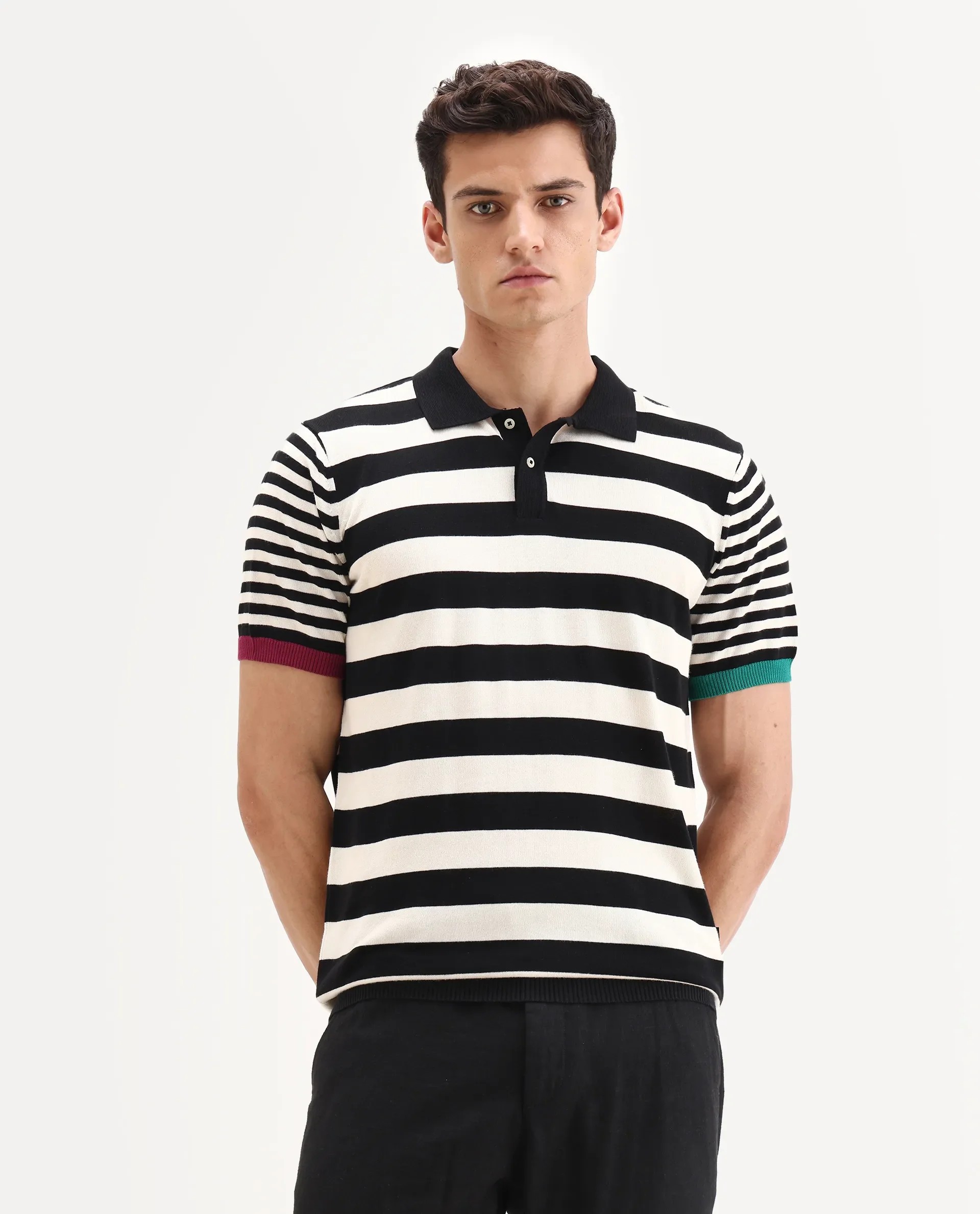 Rare Rabbit Men's Paulo Black Cotton Striped Print Regular Fit Half Sleeve Polo - Image 5