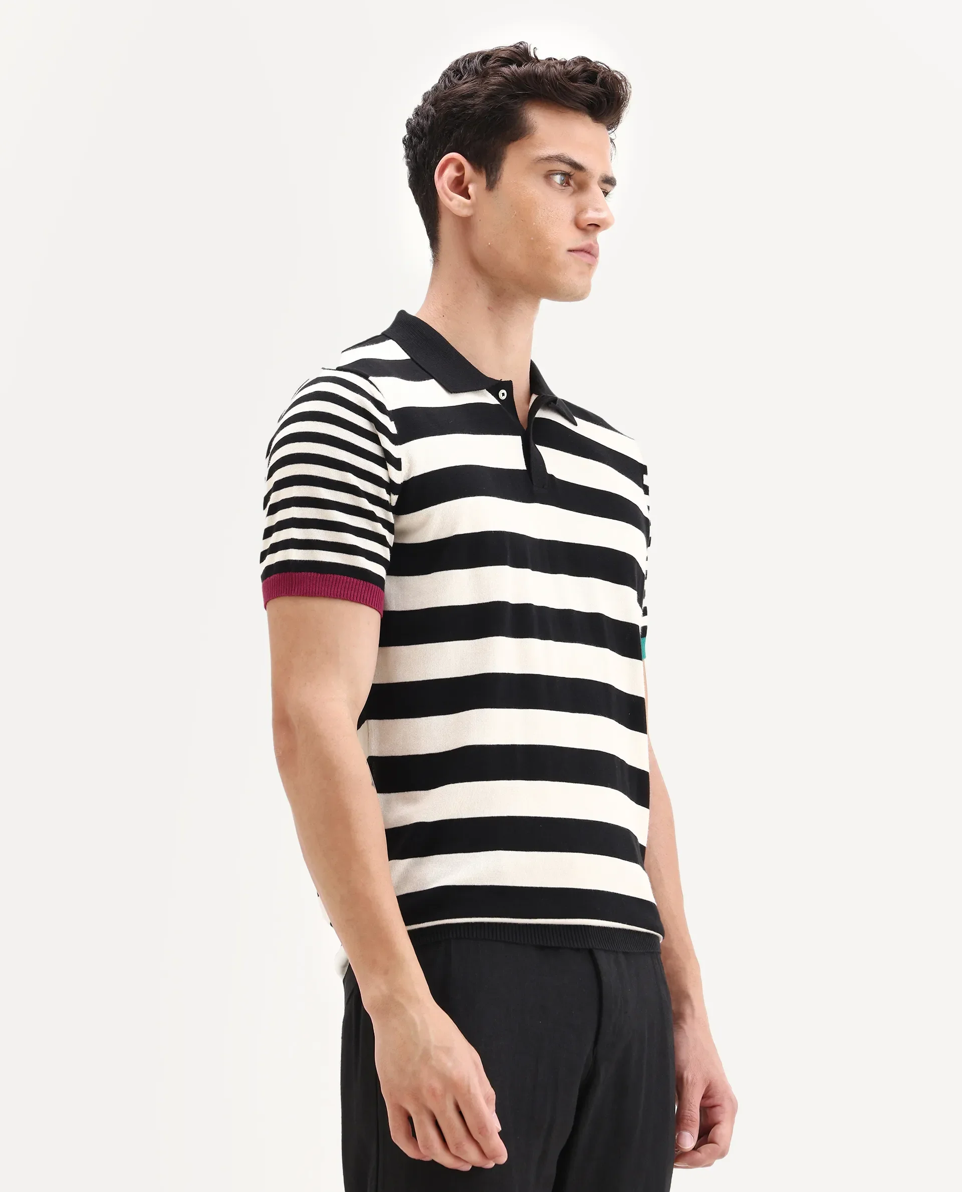 Rare Rabbit Men's Paulo Black Cotton Striped Print Regular Fit Half Sleeve Polo - Image 6