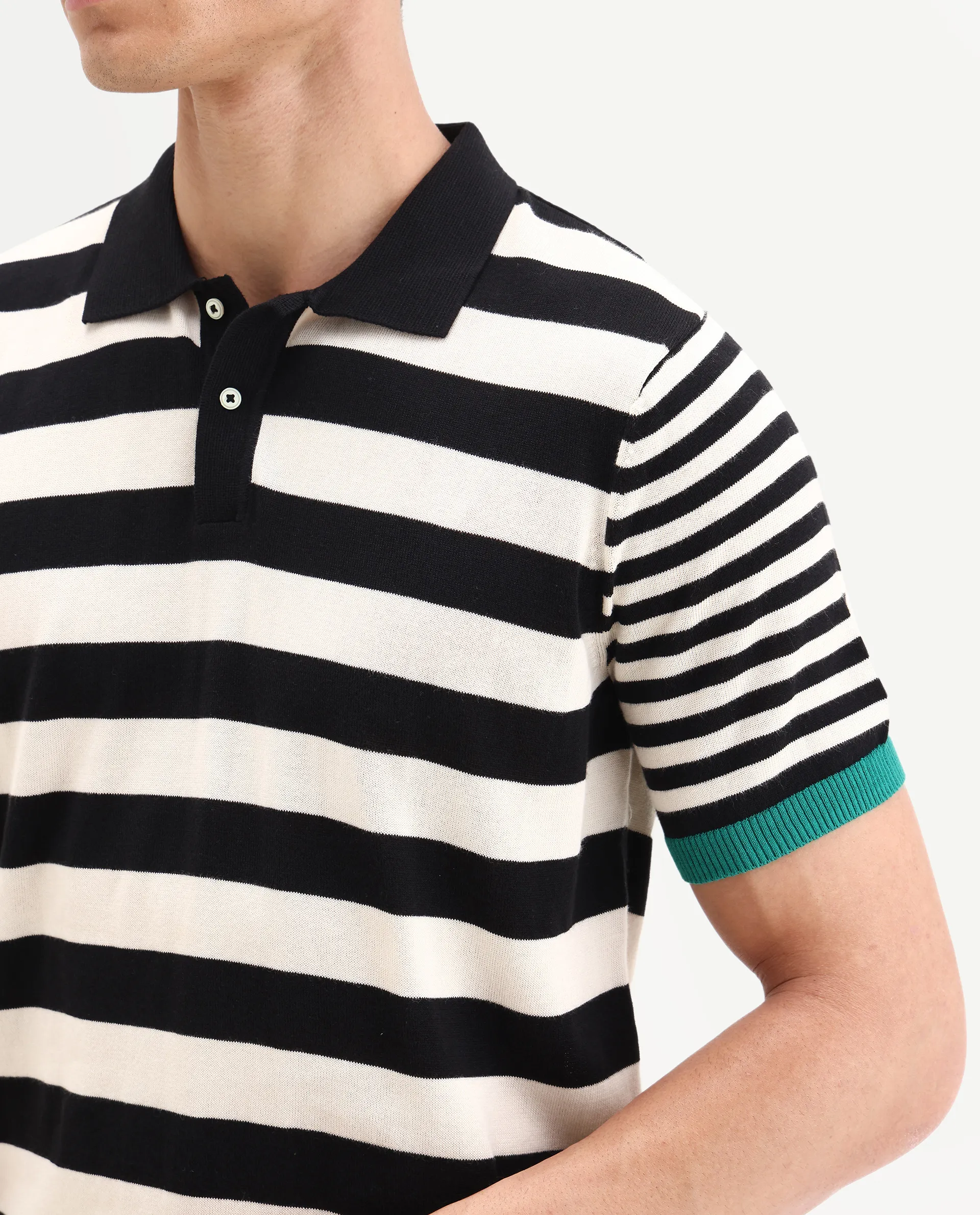Rare Rabbit Men's Paulo Black Cotton Striped Print Regular Fit Half Sleeve Polo - Image 7