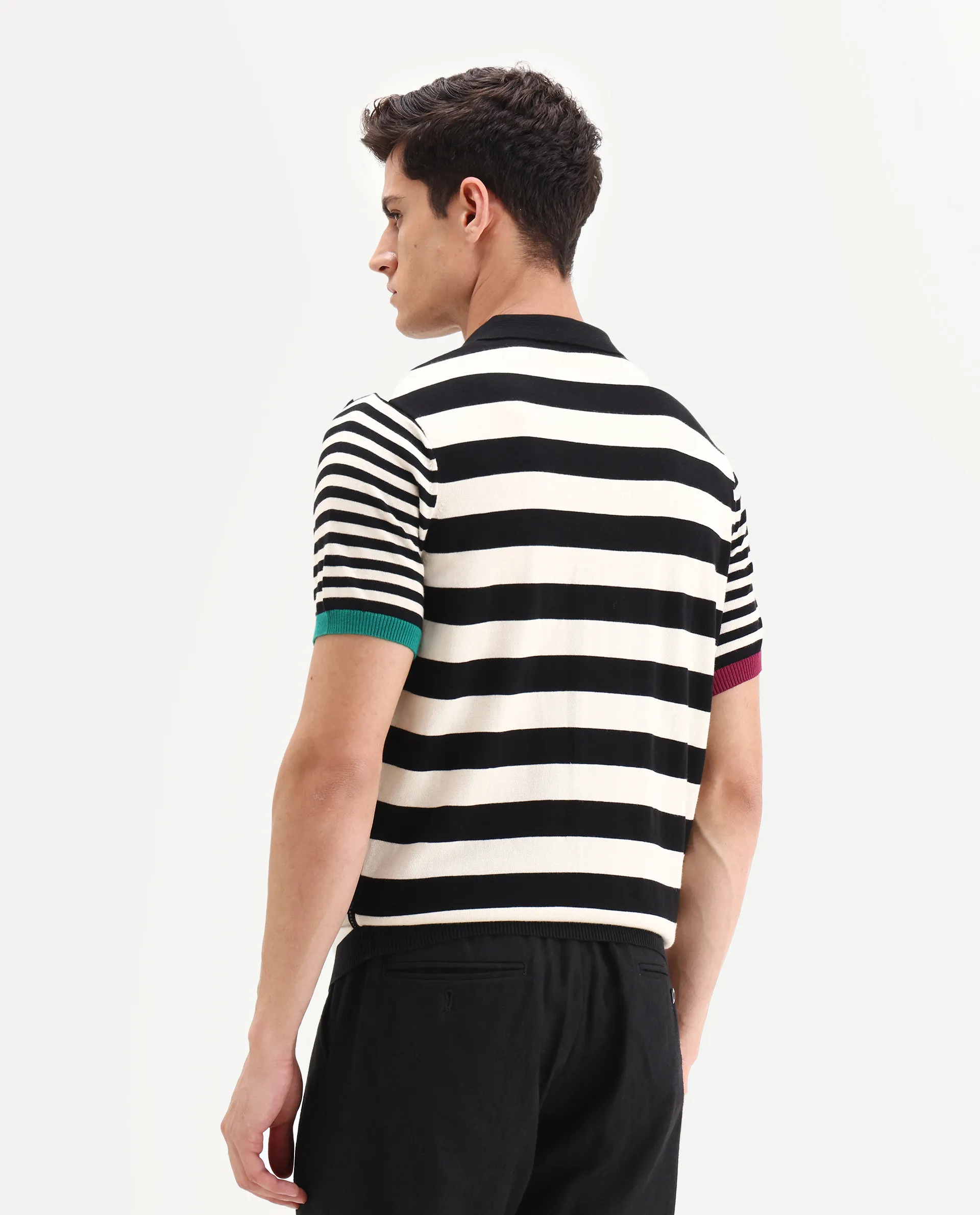 Rare Rabbit Men's Paulo Black Cotton Striped Print Regular Fit Half Sleeve Polo - Image 8