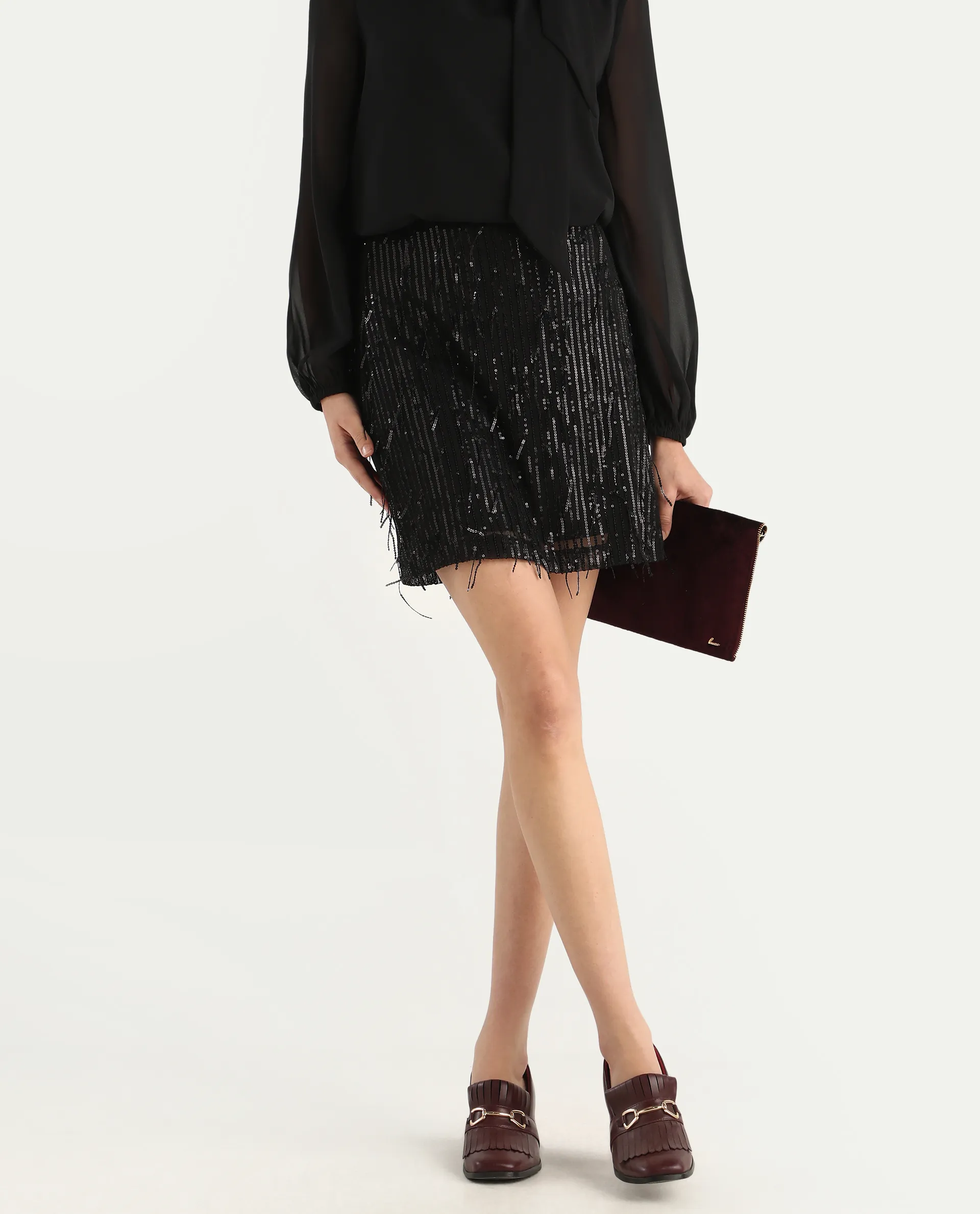 Rareism Women's Paulo Metallic Black Cotton Sequined Mini Regular Fit Skirt - Image 2