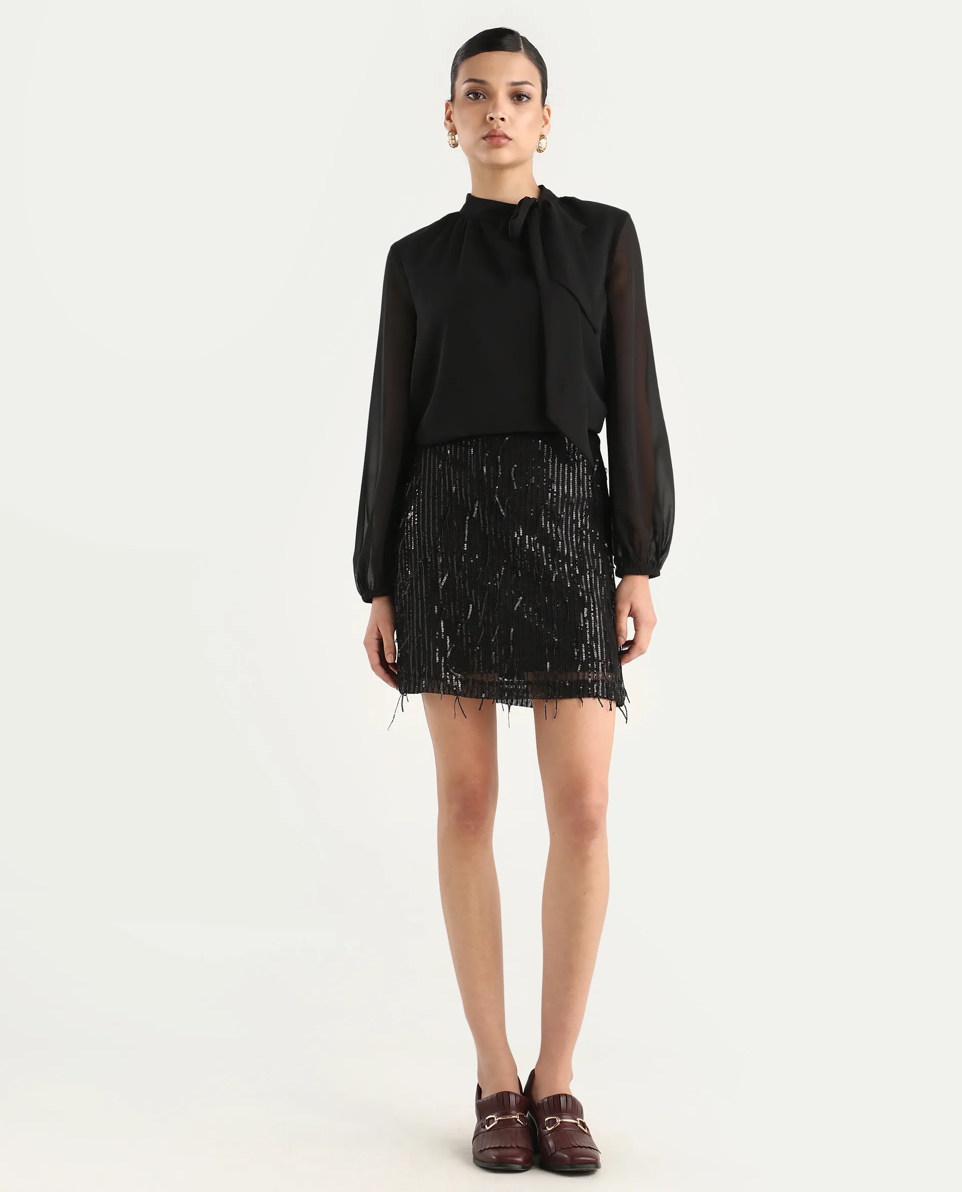 Rareism Women's Paulo Metallic Black Cotton Sequined Mini Regular Fit Skirt - Image 3