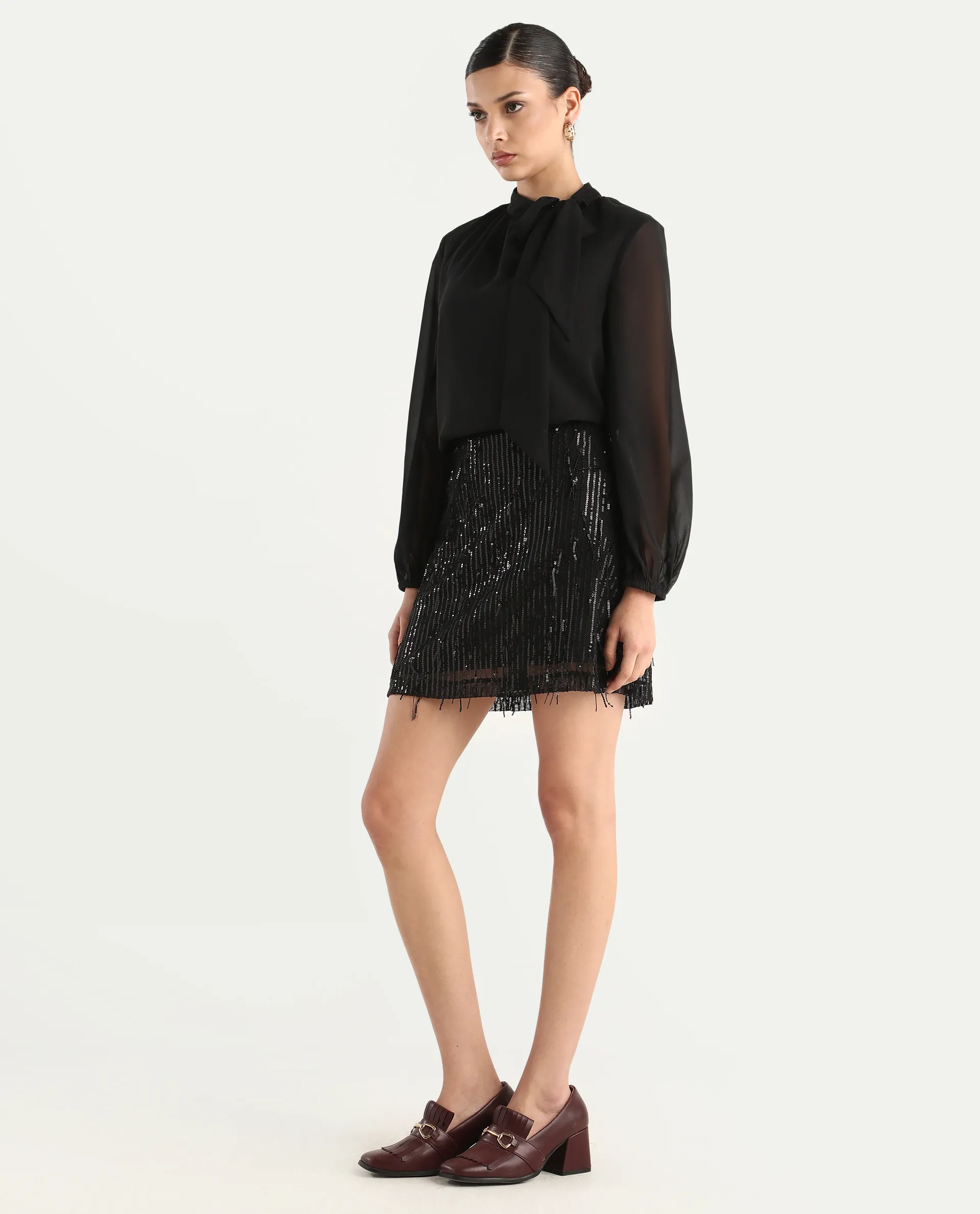 Rareism Women's Paulo Metallic Black Cotton Sequined Mini Regular Fit Skirt - Image 5