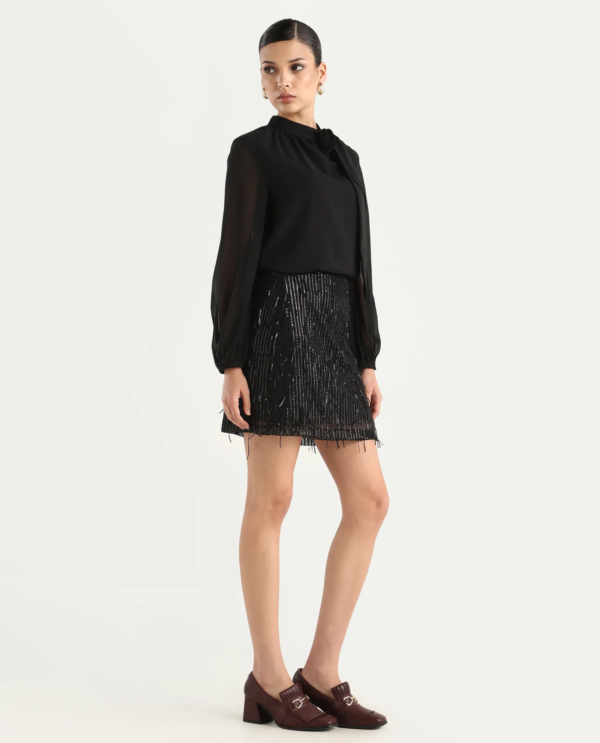 Rareism Women's Paulo Metallic Black Cotton Sequined Mini Regular Fit Skirt - Image 6