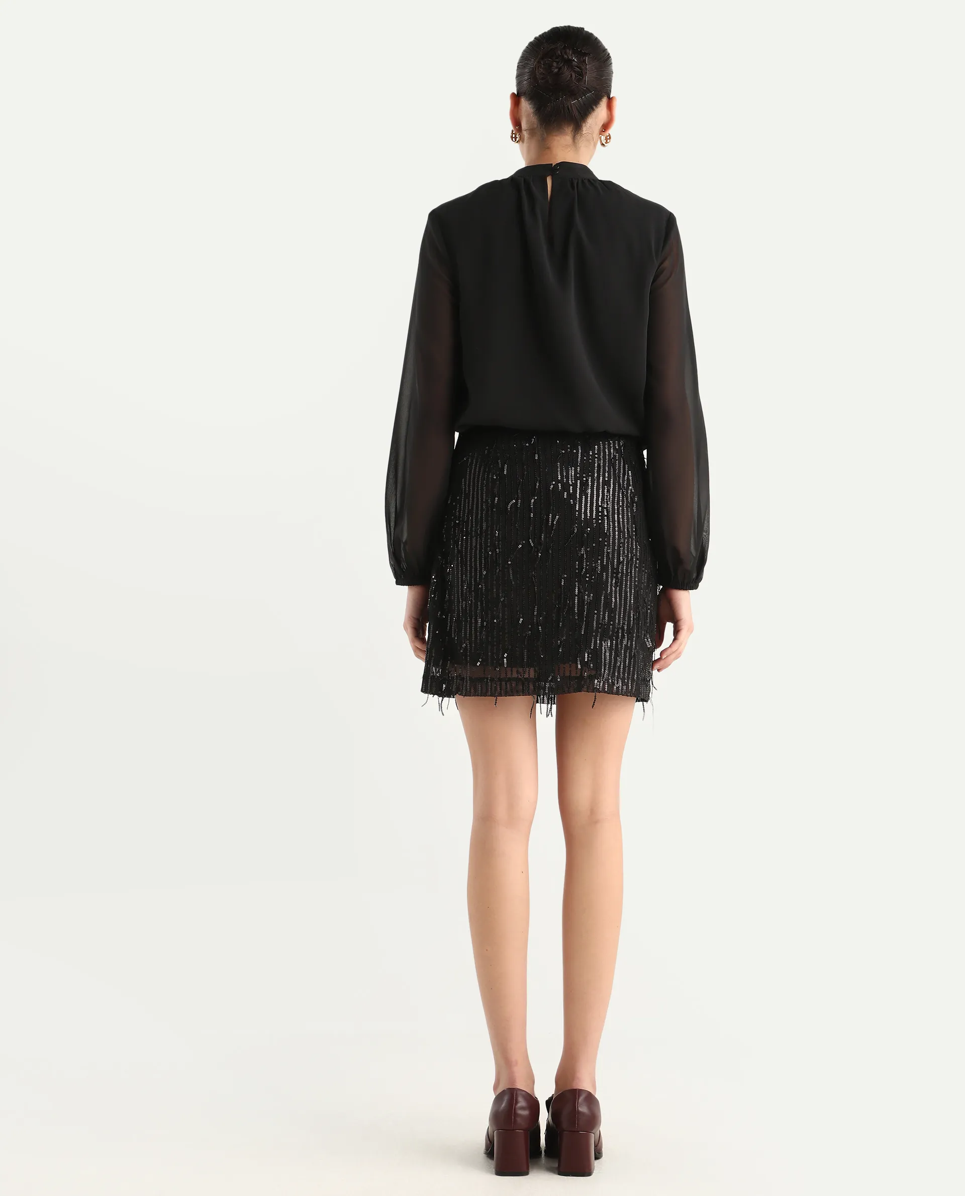 Rareism Women's Paulo Metallic Black Cotton Sequined Mini Regular Fit Skirt - Image 7
