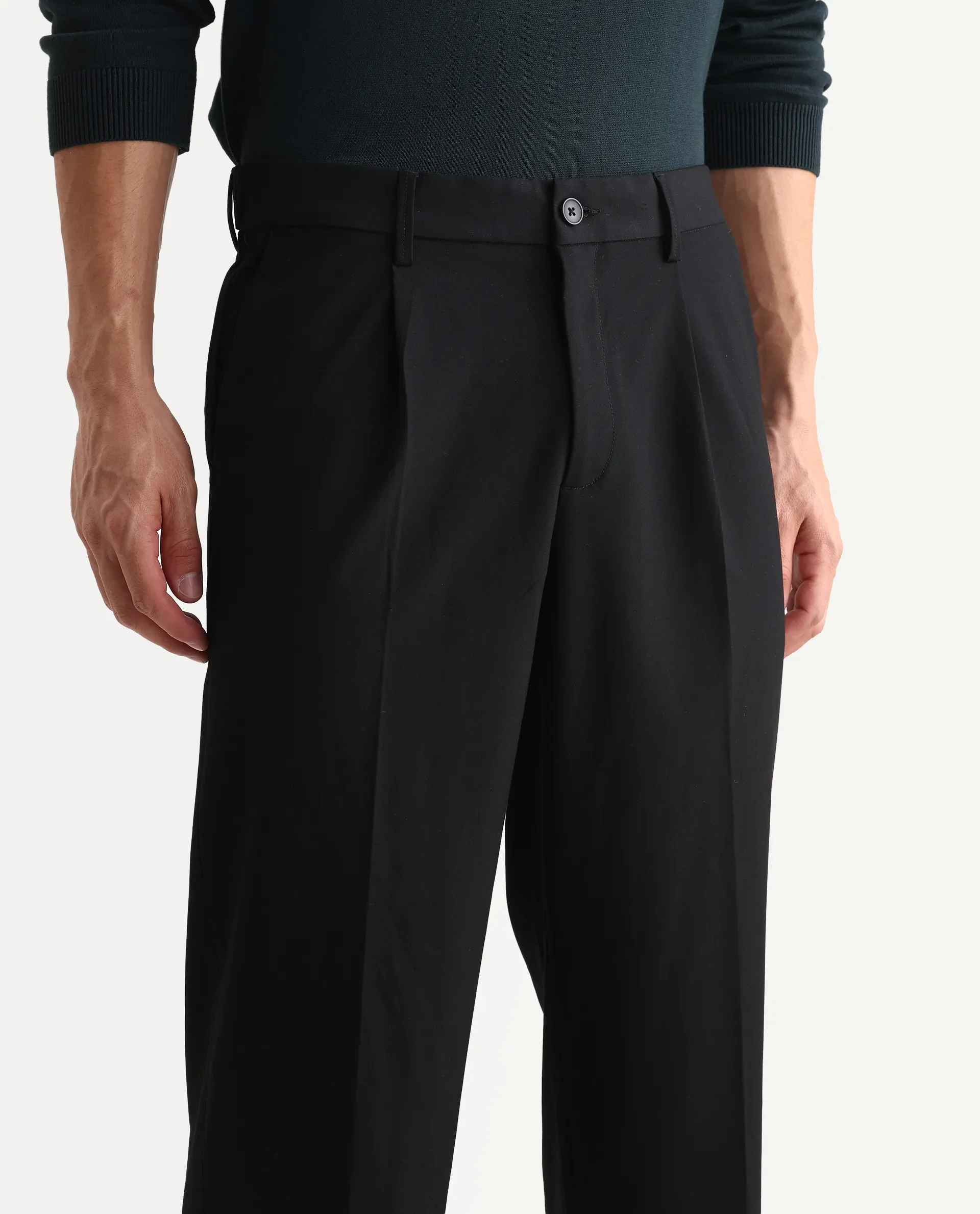 Rare Rabbit Men Pauls Black Polyester Blend Fabric Button Closure Plain Trouser - Image 3