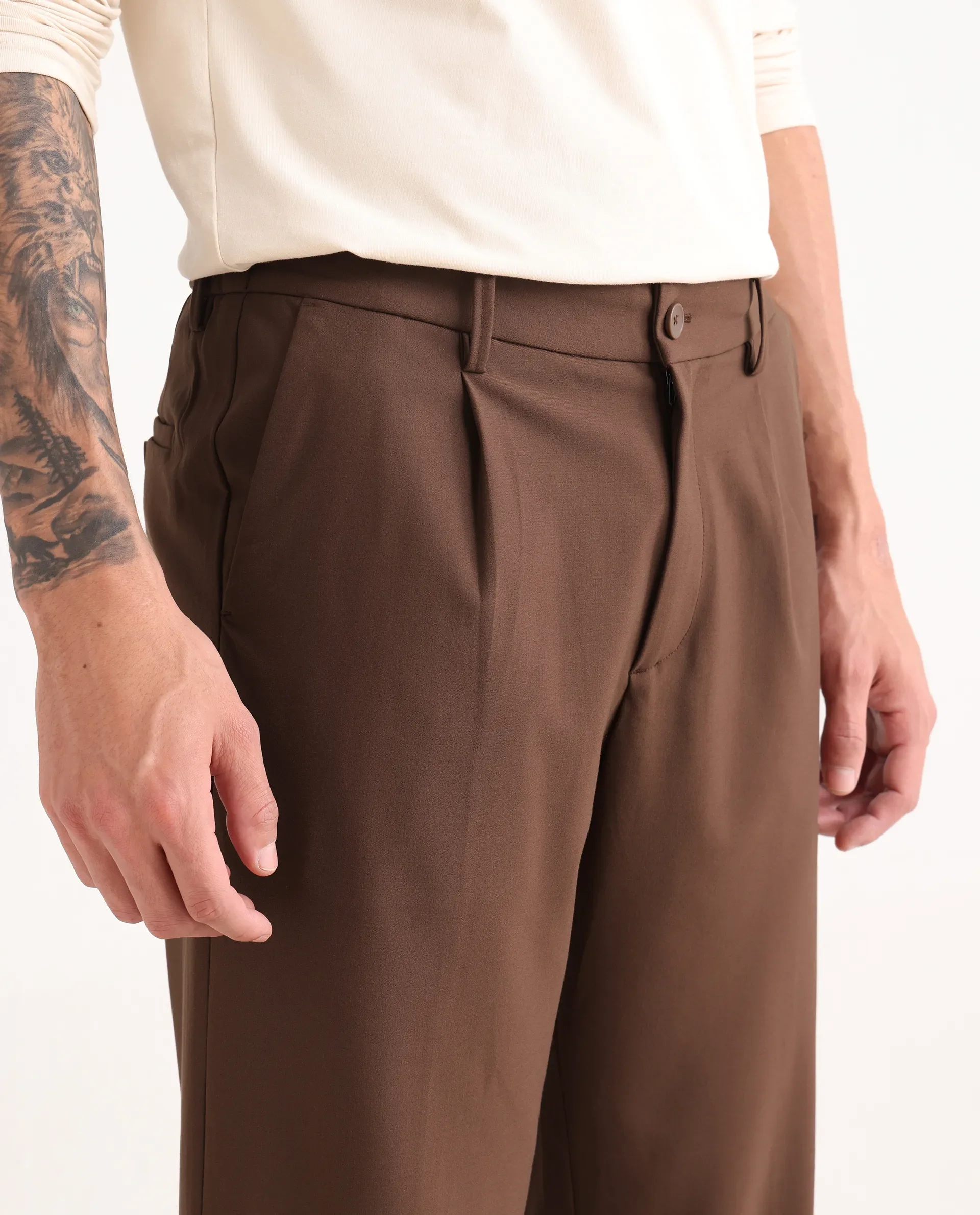 Rare Rabbit Men Pauls Brown Polyester Blend Fabric Button Closure Plain Trouser - Image 3