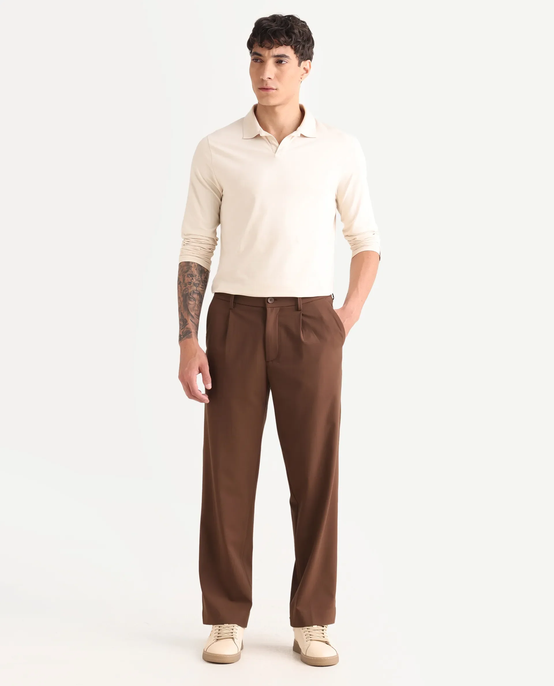 Rare Rabbit Men Pauls Brown Polyester Blend Fabric Button Closure Plain Trouser - Image 4