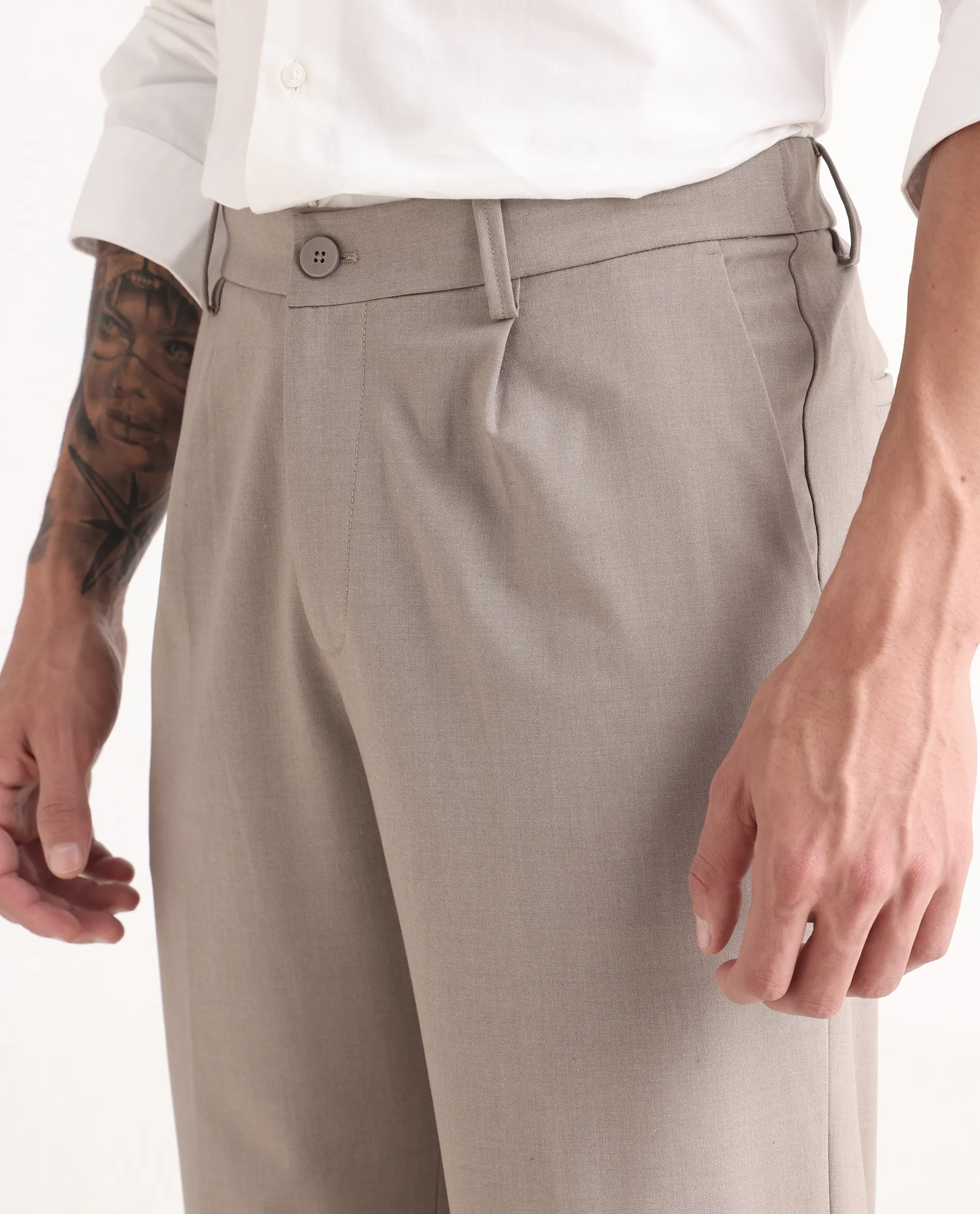 Rare Rabbit Men Pauls Dark Beige Polyester Blend Fabric Button Closure Plain Trouser - Image 3