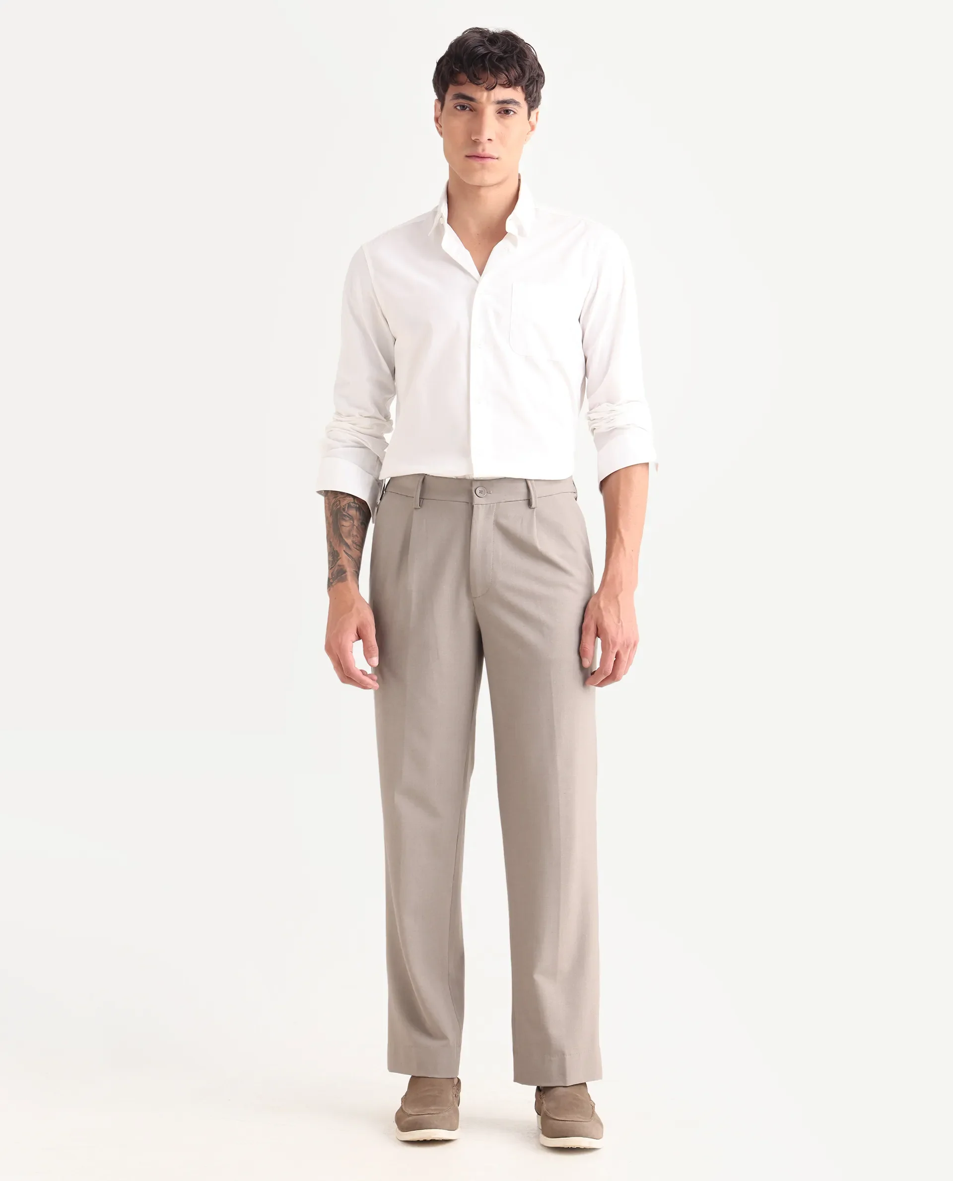 Rare Rabbit Men Pauls Dark Beige Polyester Blend Fabric Button Closure Plain Trouser - Image 4