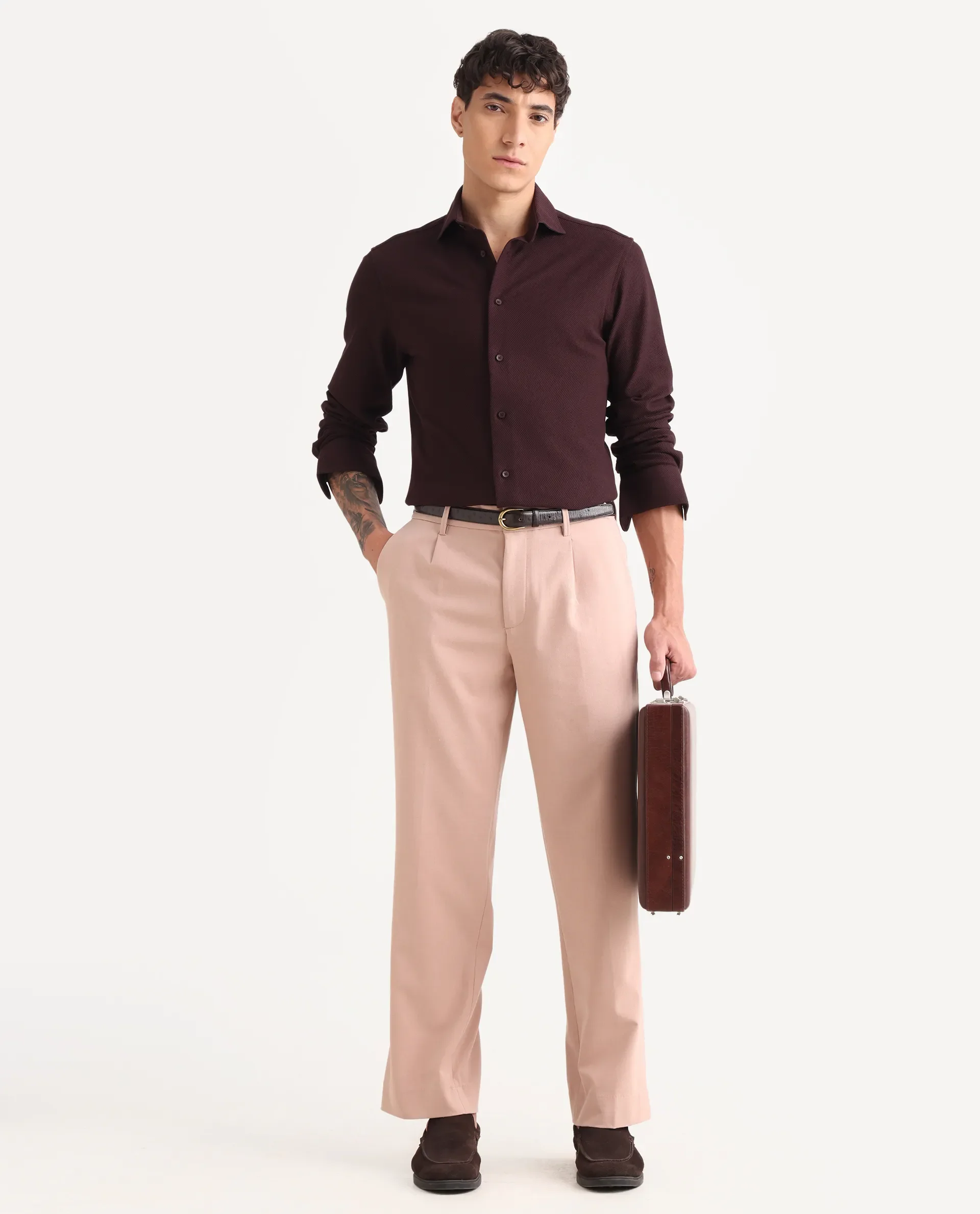 Rare Rabbit Men Pauls Tan Polyester Blend Fabric Button Closure Plain Trouser