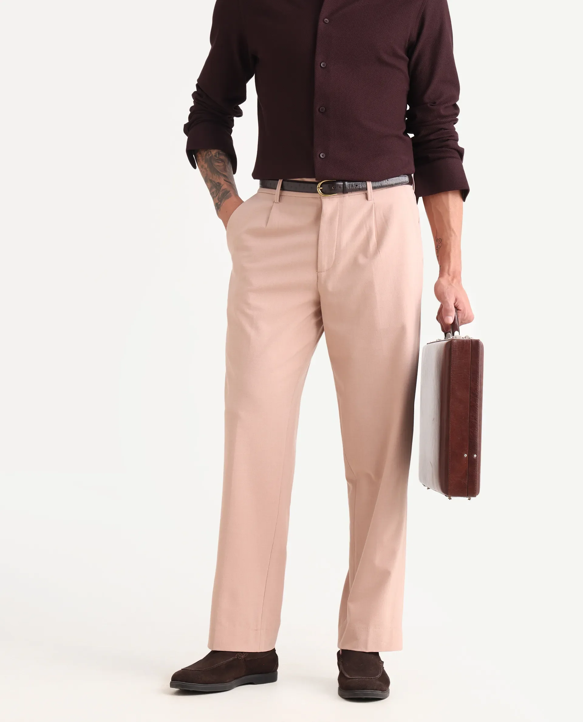 Rare Rabbit Men Pauls Tan Polyester Blend Fabric Button Closure Plain Trouser - Image 2