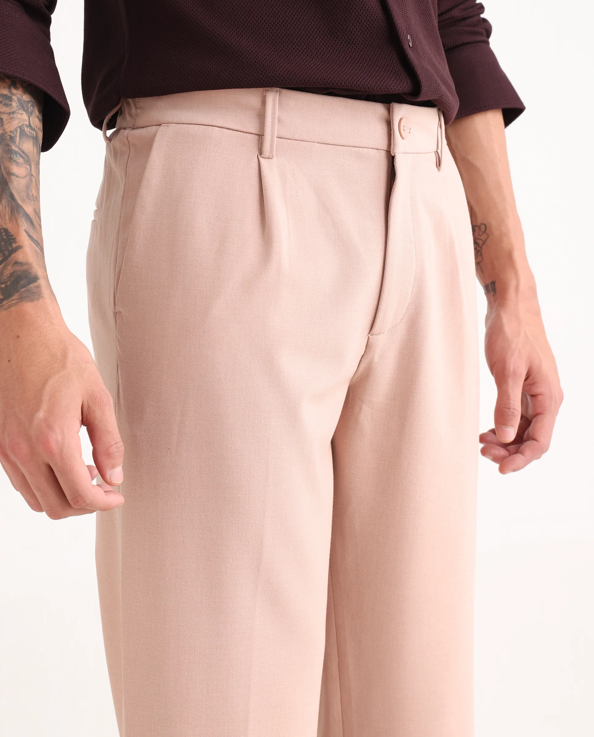 Rare Rabbit Men Pauls Tan Polyester Blend Fabric Button Closure Plain Trouser - Image 3