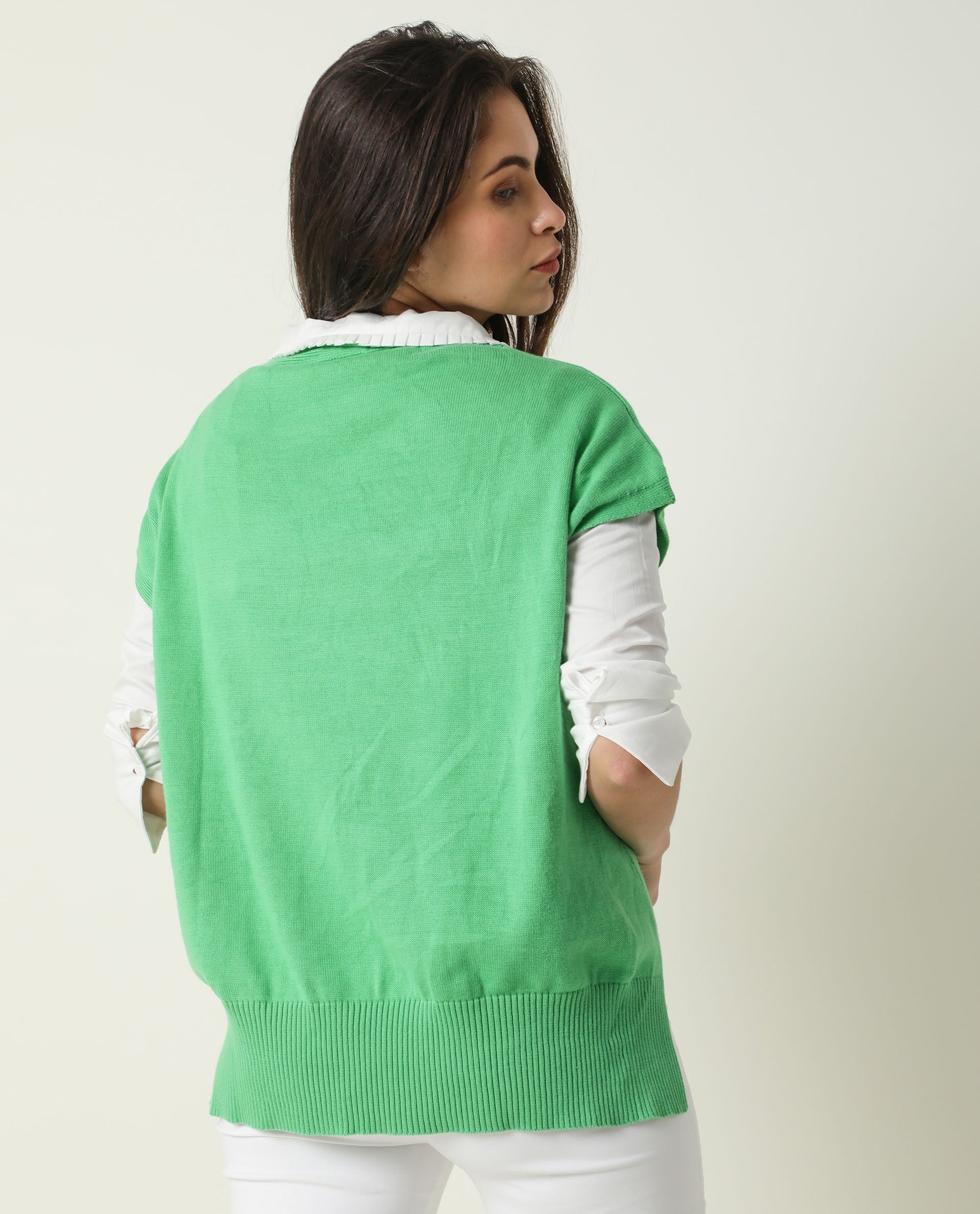 Rareism Women's Pave Green Cotton V-Neck Plain Extended Sleeves Regular Fit Sweater - Image 10