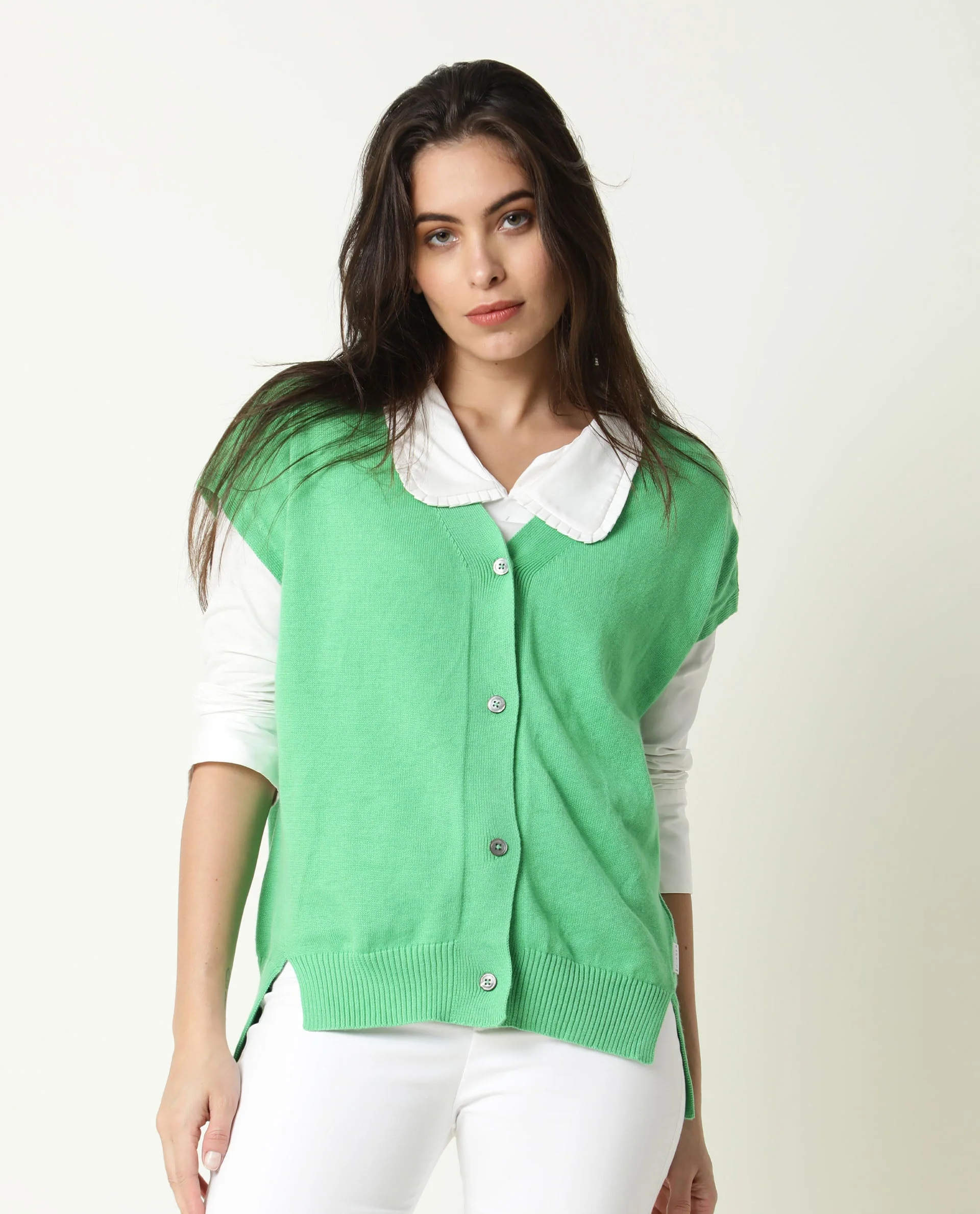 Rareism Women's Pave Green Cotton V-Neck Plain Extended Sleeves Regular Fit Sweater - Image 5