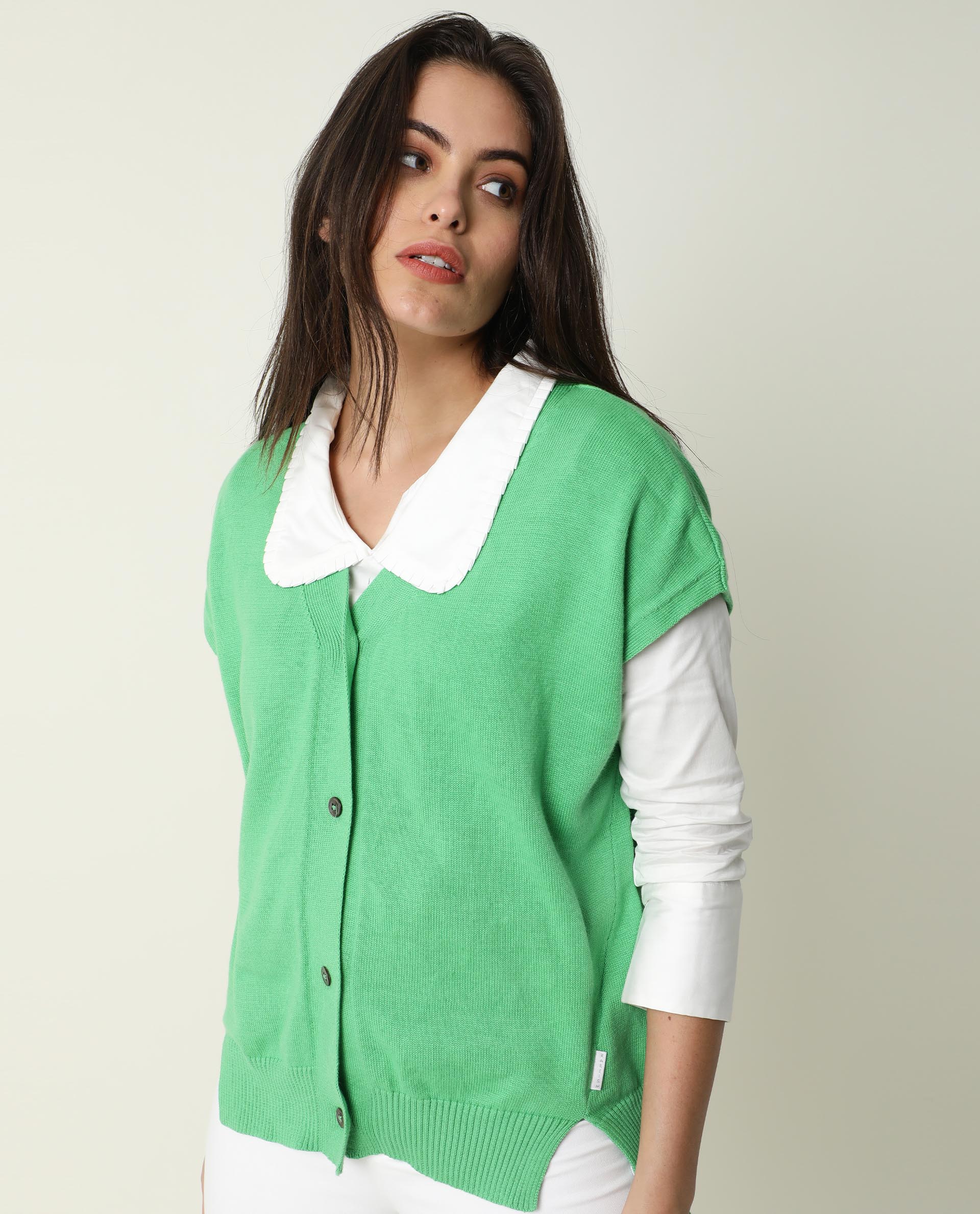 Rareism Women's Pave Green Cotton V-Neck Plain Extended Sleeves Regular Fit Sweater - Image 6