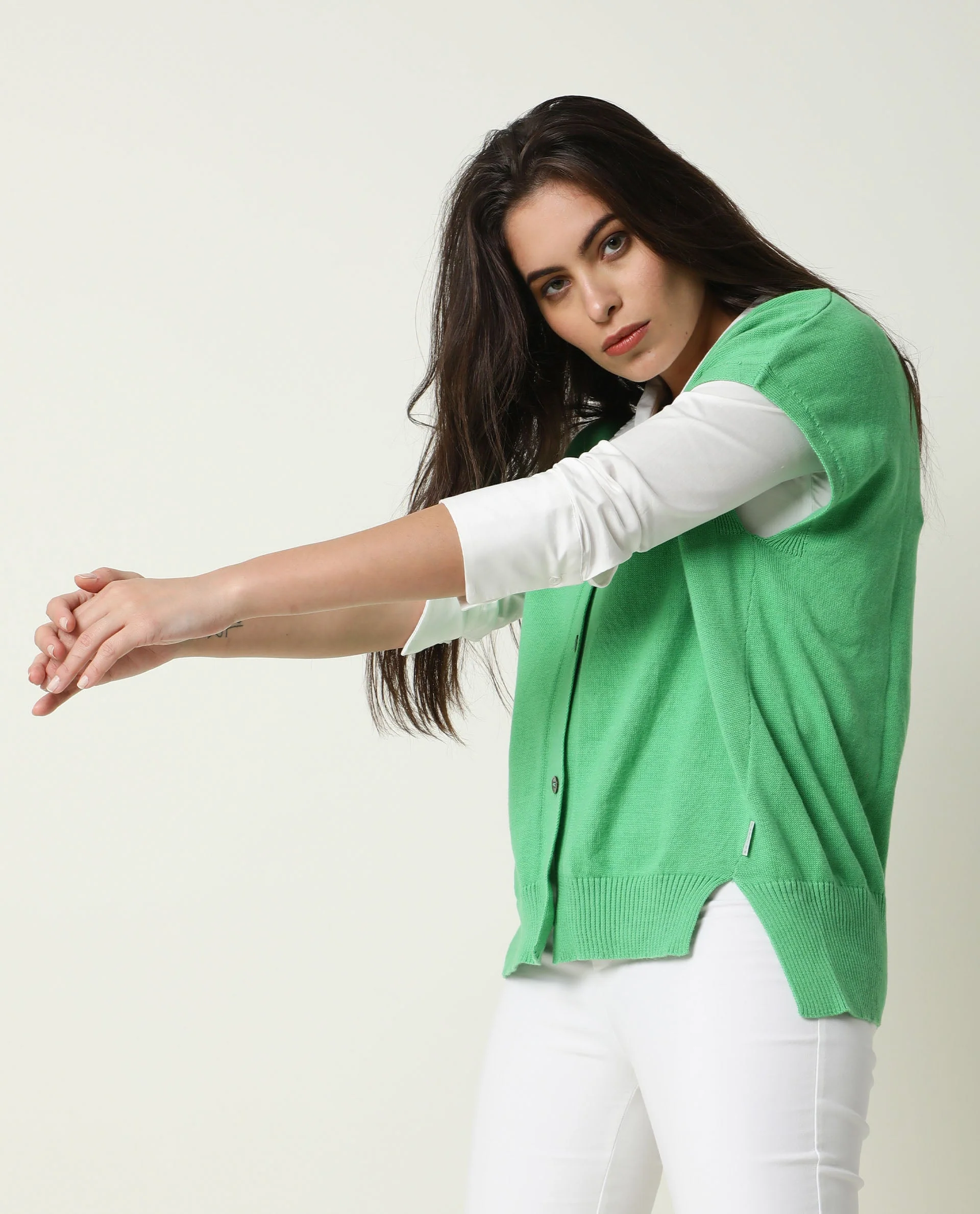 Rareism Women's Pave Green Cotton V-Neck Plain Extended Sleeves Regular Fit Sweater - Image 7