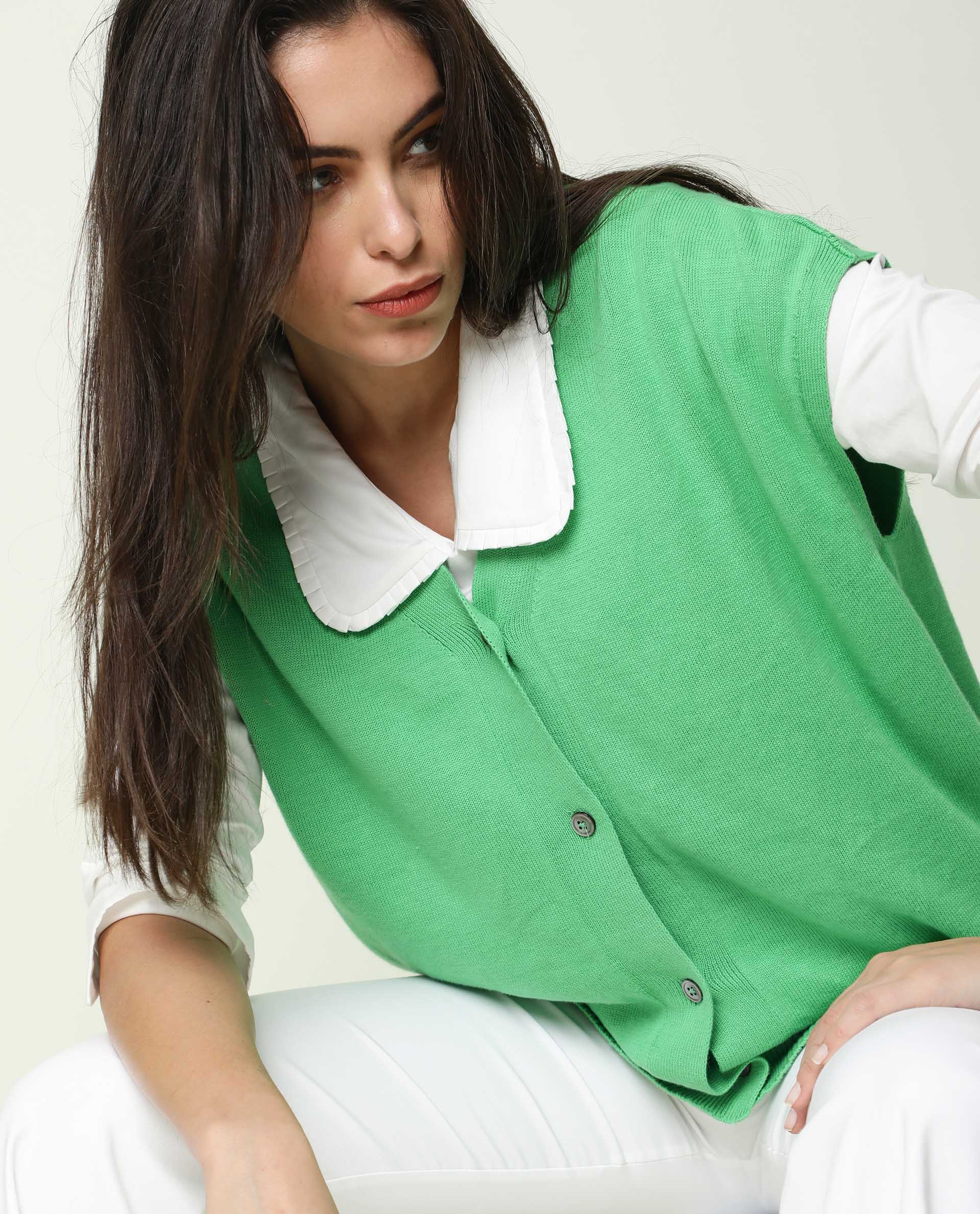 Rareism Women's Pave Green Cotton V-Neck Plain Extended Sleeves Regular Fit Sweater - Image 8