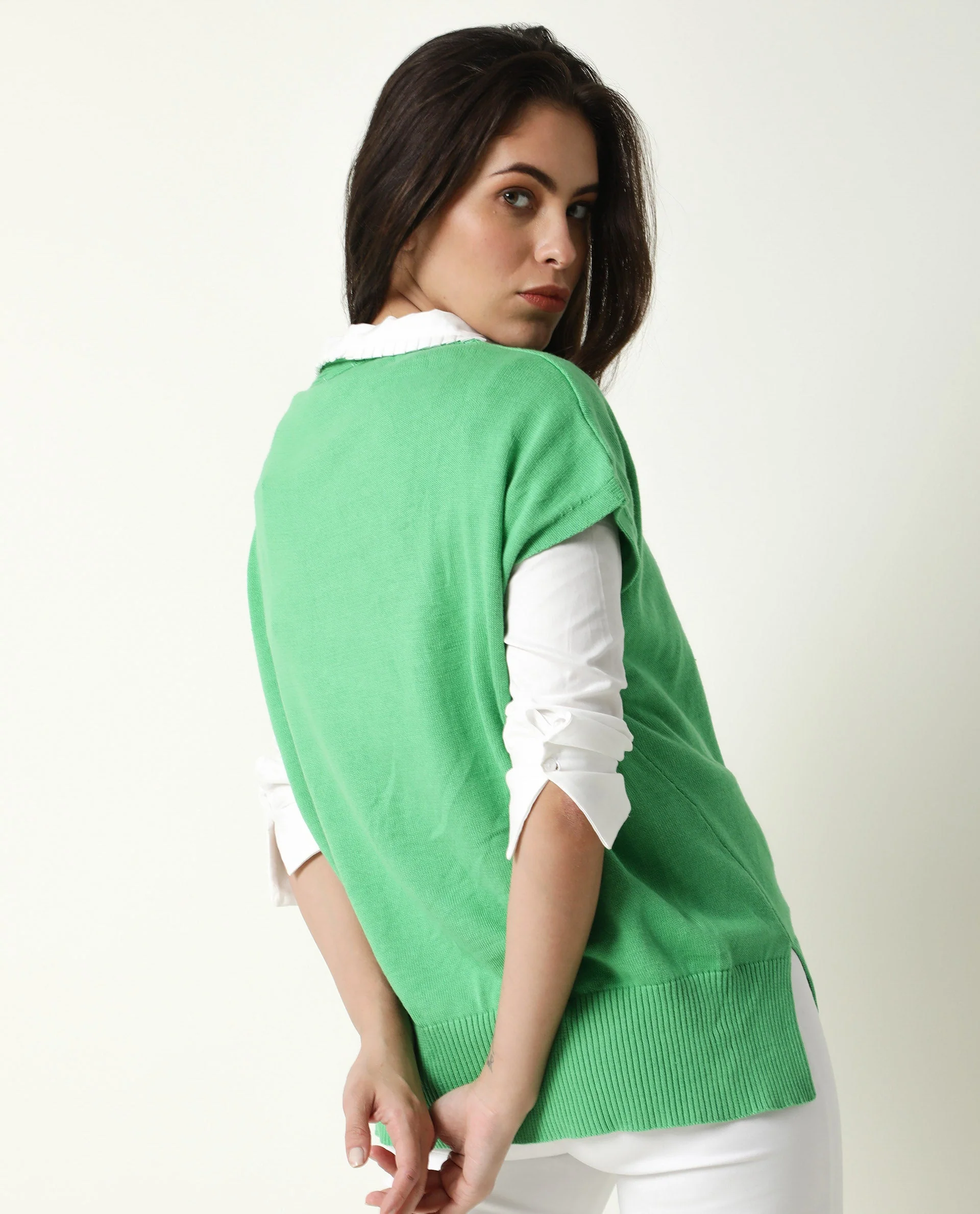 Rareism Women's Pave Green Cotton V-Neck Plain Extended Sleeves Regular Fit Sweater - Image 9