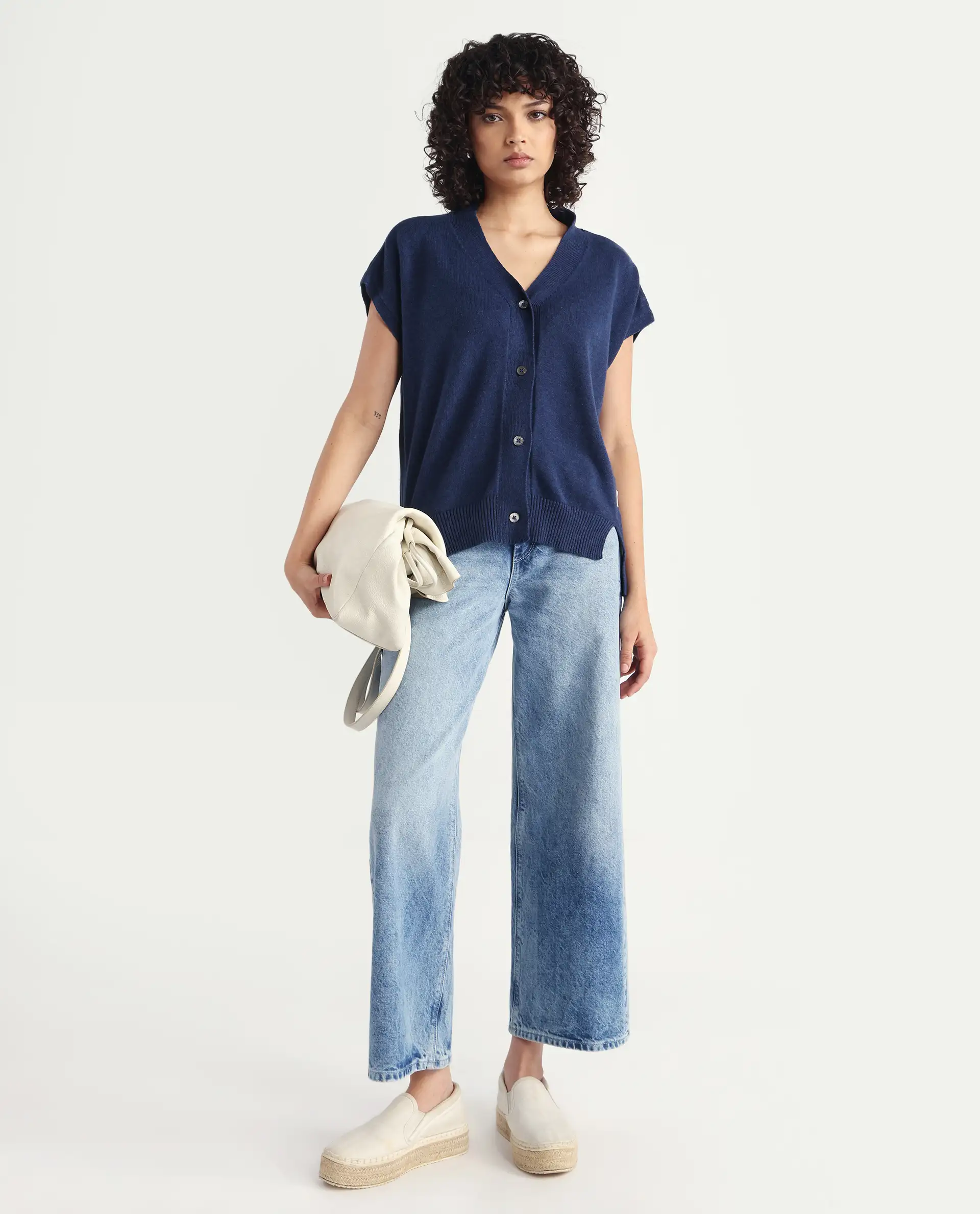Rareism Women's Pave Blue Cotton V-Neck Plain Extended Sleeves Regular Fit Sweater - Image 2