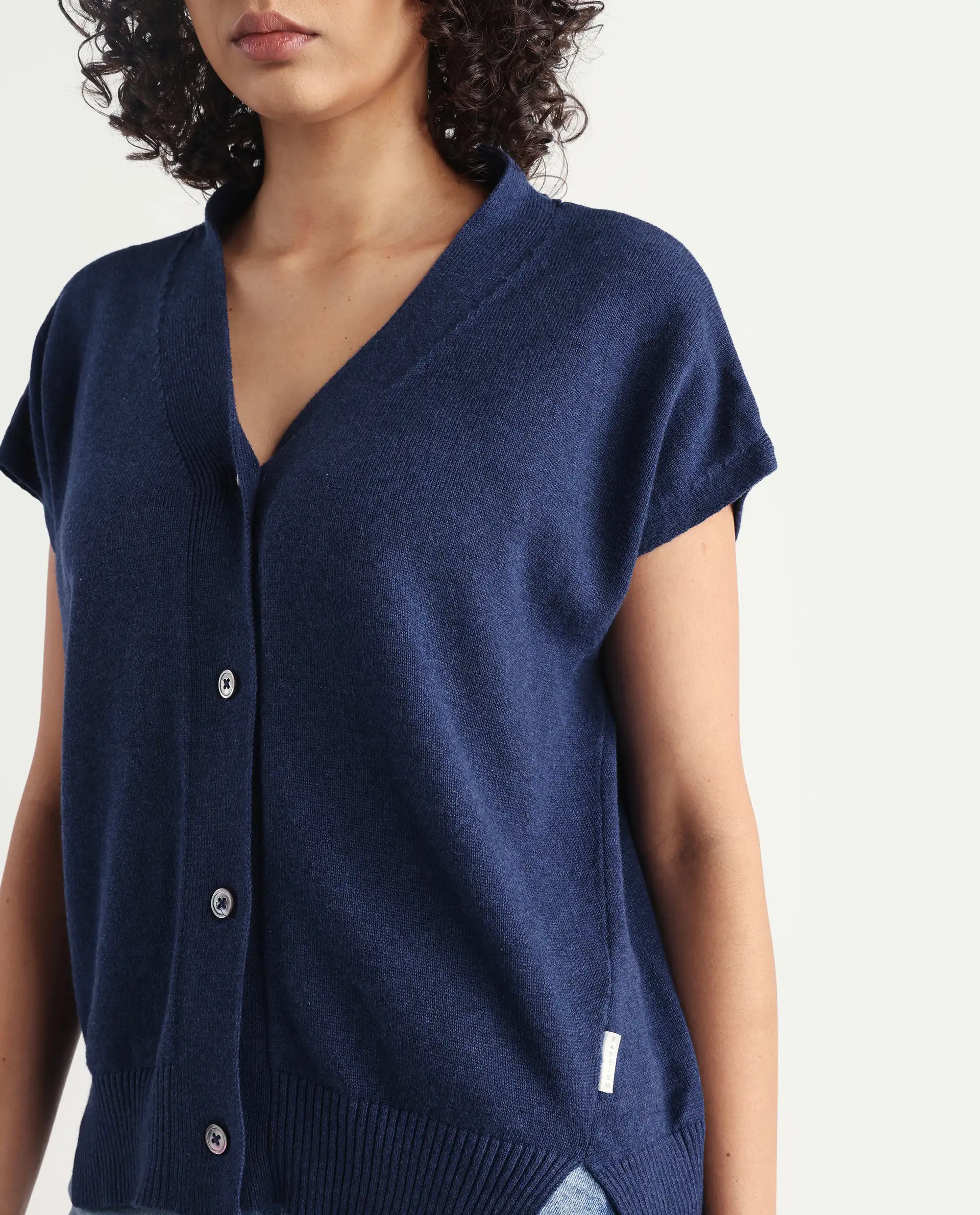 Rareism Women's Pave Blue Cotton V-Neck Plain Extended Sleeves Regular Fit Sweater - Image 3