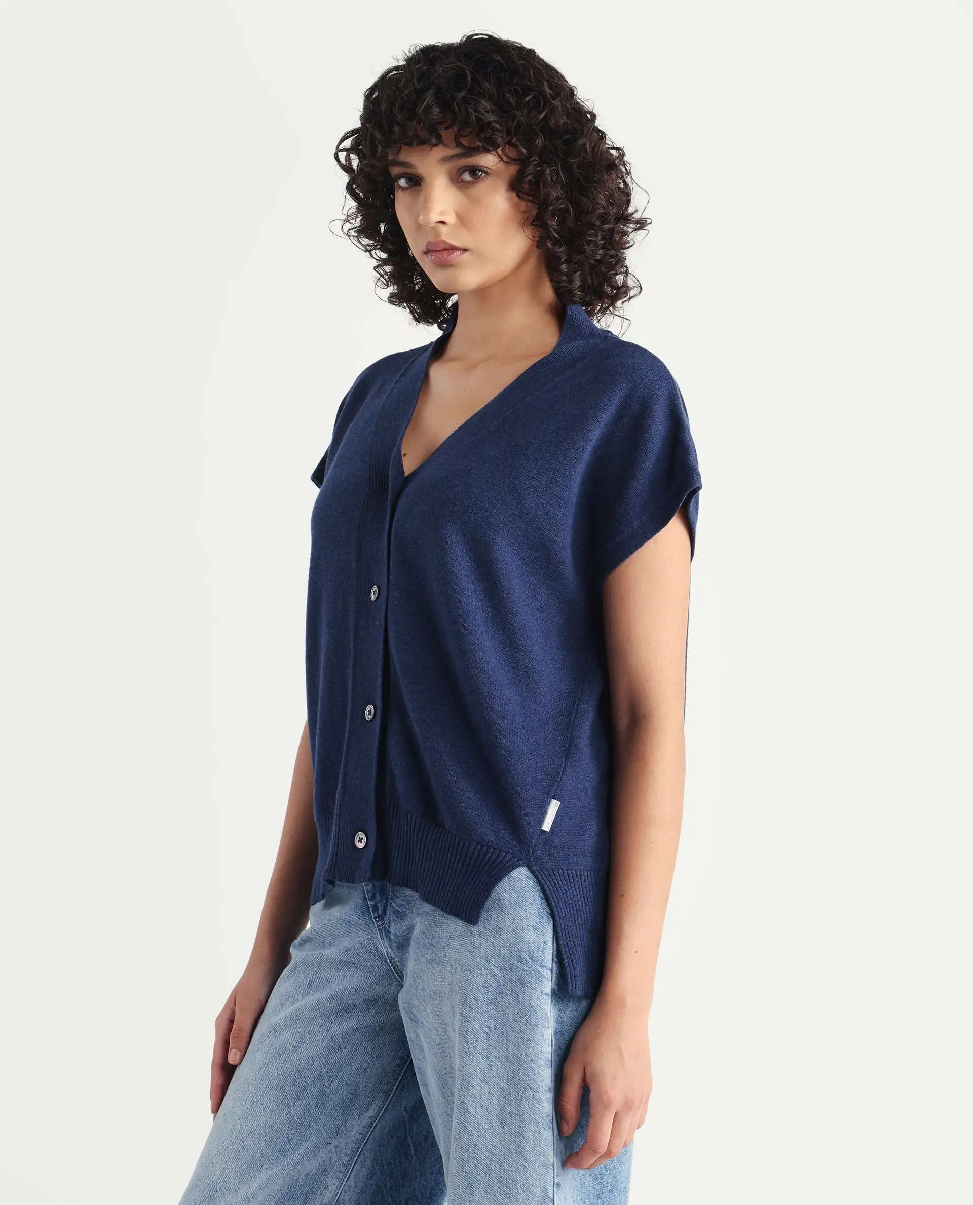 Rareism Women's Pave Blue Cotton V-Neck Plain Extended Sleeves Regular Fit Sweater - Image 4